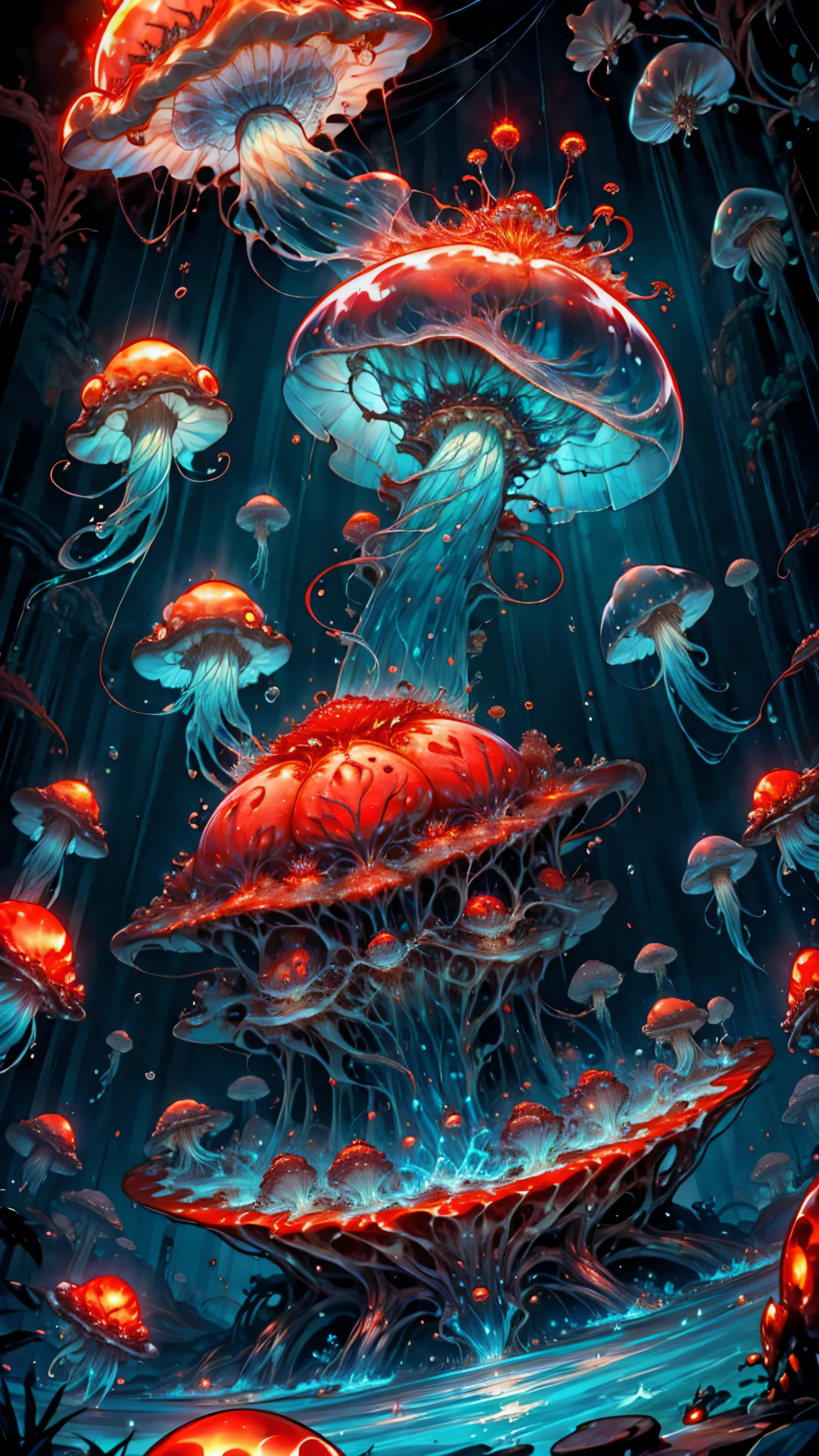 lava toad jellyfish，Combination of red toad and jellyfish，Jellyfish structure，or red lava toad，Dynamic，HD，Ultra-clear