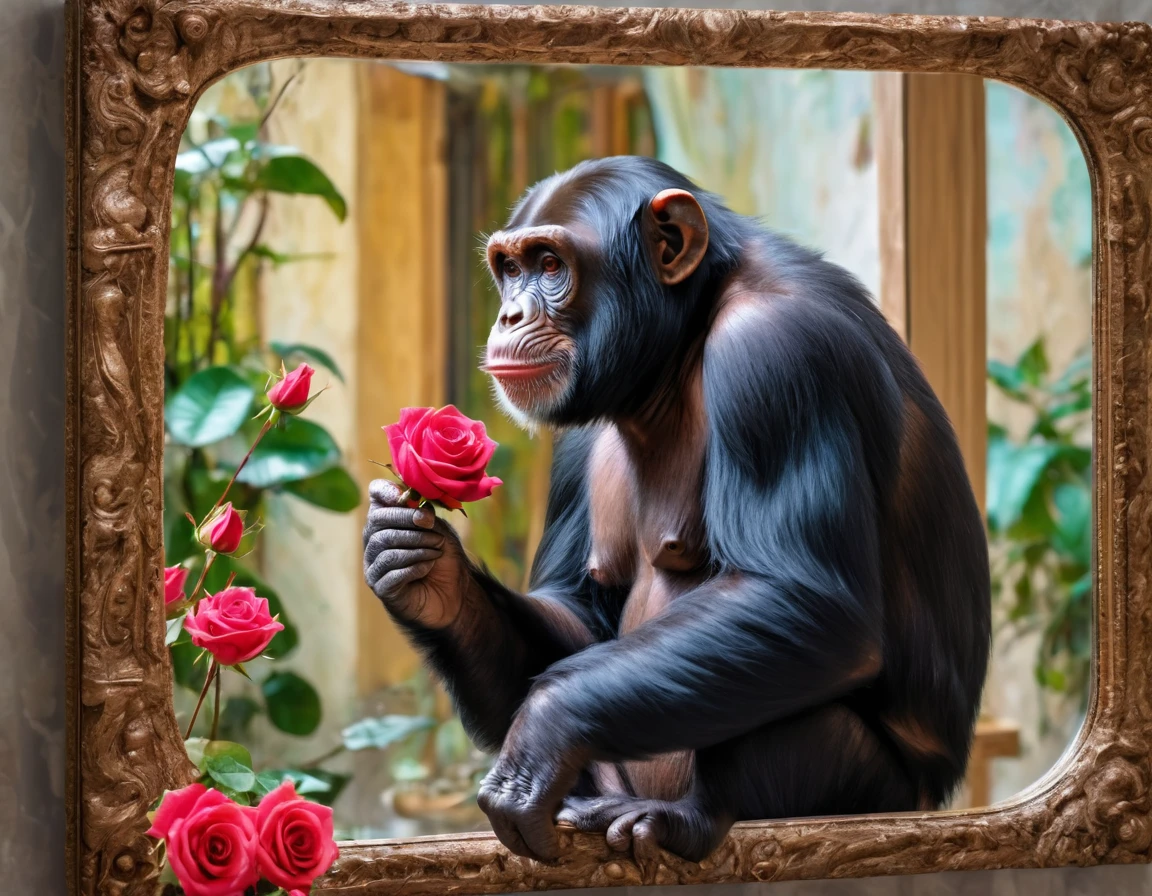 8k quality, a chimpanzee has a rose in his hand, he looks in the mirror, you can see the reflection of the chimpanzee in the mirror, vivid colors, abstract art, very detailed image in the mirror.