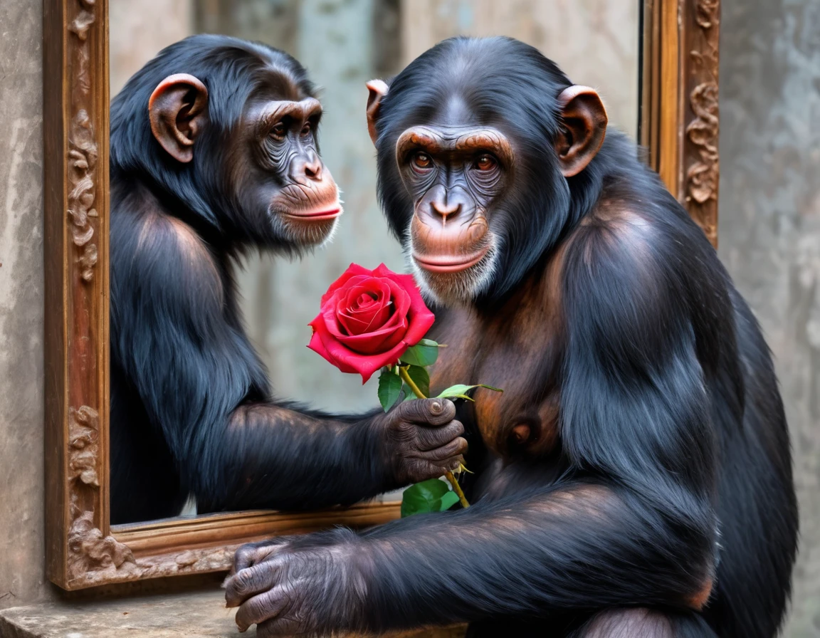 8k quality, a chimpanzee has a rose in his hand, he looks in the mirror, you can see the reflection of the chimpanzee in the mirror, vivid colors, abstract art, very detailed image in the mirror.