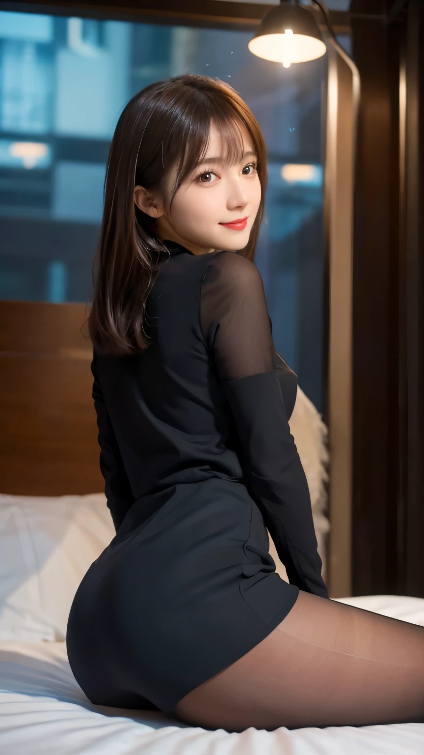 (8K, highest quality, Raw photo、masterpiece: 1.2), Super detailed, highest quality, ultra high resolution, professional lighting, photon mapping, radio city, Physically based rendering, cinematic lighting, Depth of written boundary, i concentrate,1 female,24-years-old、 (full body shot), ((OL uniform、ミニskirt、pantyhose))((suit、skirt、pantyhose))((pantyhose))(looking at the viewer:1.3) very slim, medium breasts, ((Seductive pose on all fours on the bed, look up frivolously)) ((raise your legs)) ((hug your legs))((return)), ((from behind))(buckshot), cute, white skin、looking at the viewer, light smile,alone, enchanting smile, wide opening, professional lighting, Sony α7R4, Zecy 50mm F1.8, medium breasts,thin and beautiful eyes,