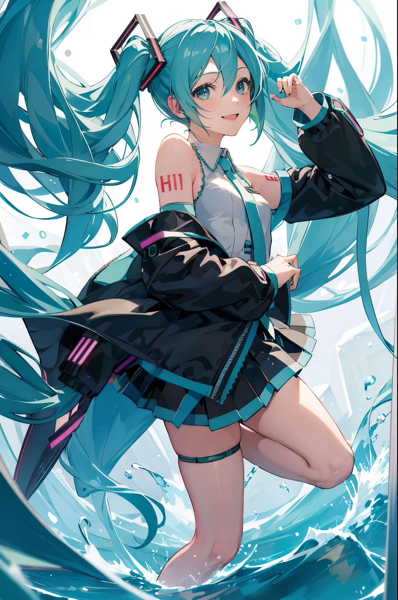 1 girl, smile, (Vocaloid), ((Hatsune Miku)), ((Blue blue-green hair)), (long hair), looking at the viewer, volume lighting, dynamic pose,Realistic