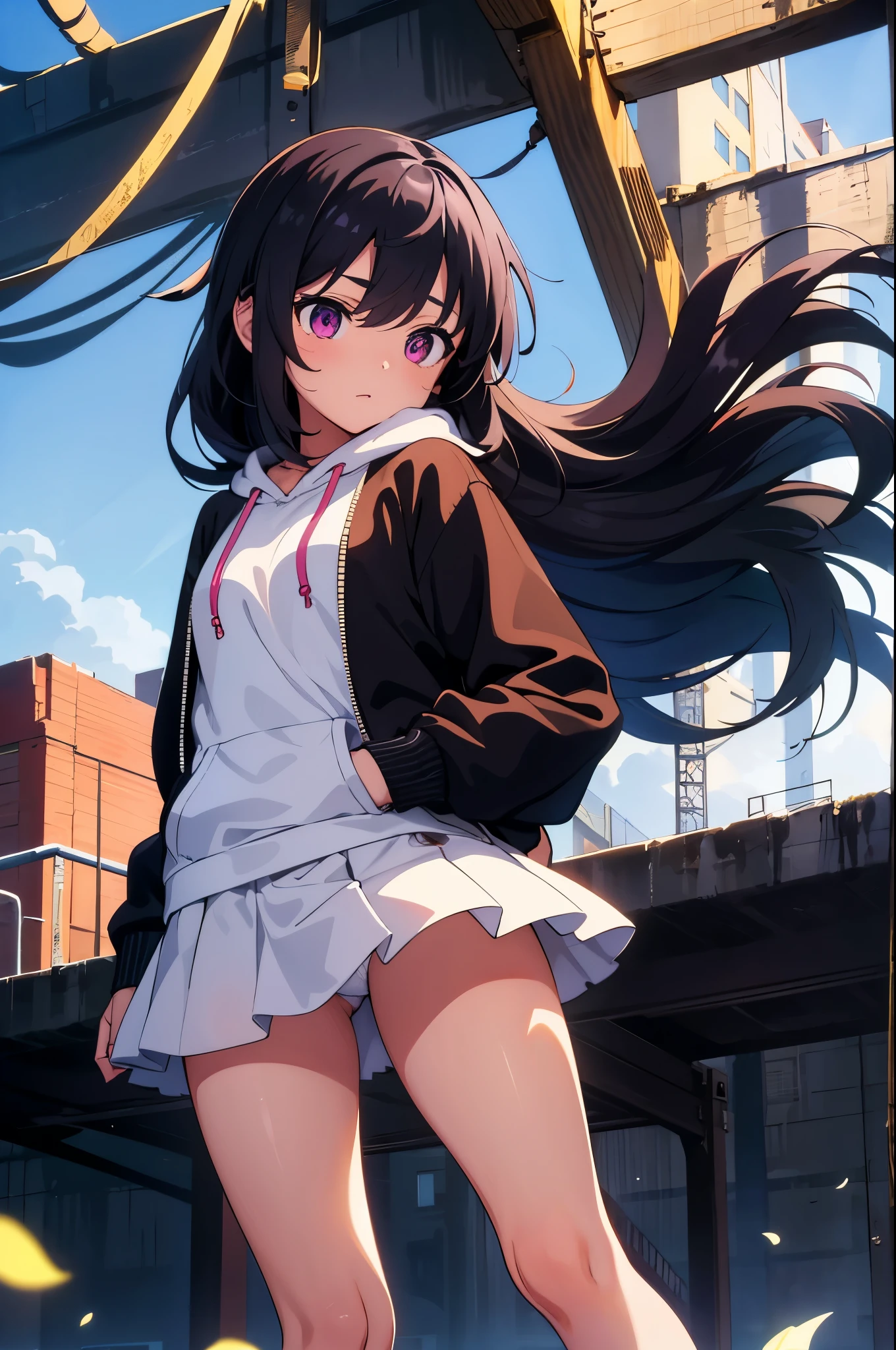 Under the dimly lit bridge under the viaduct 8-year-old flat chest blhair g hair eyes are purple ((1 person)) black hoodie with upper body hood Lower body white miniskirt((white panties)) black socks sneakers Are standing fluttering hair dynamic angle Low angle from the front