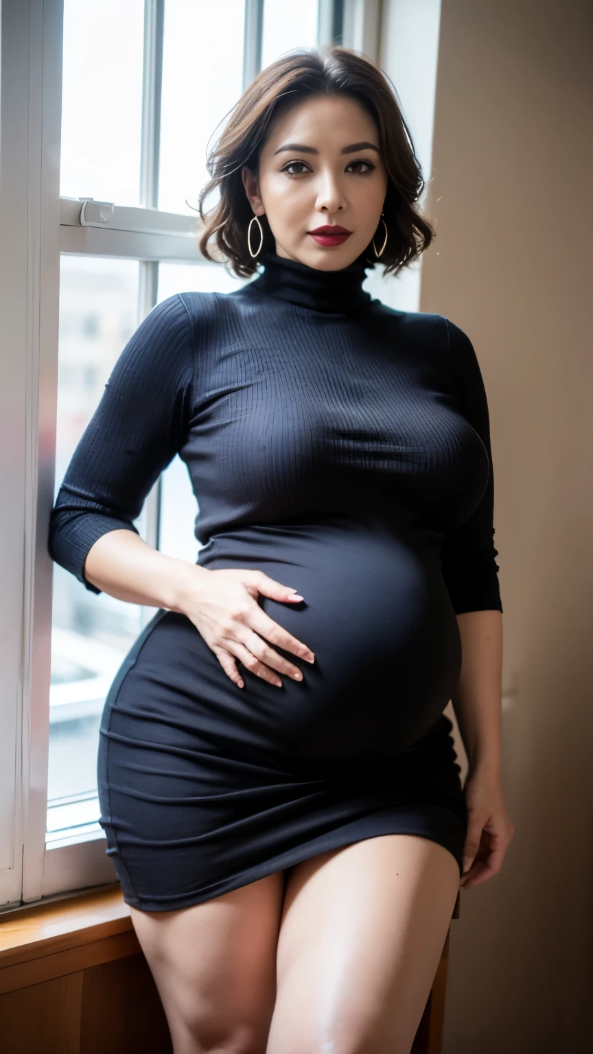 Highly detailed 8k wallpaper), 8k,best quality, masterpiece, ultra high resolution,(lifelike:1.4), original photo, sharp focus, detailed, dramatic, Exquisite and beautiful woman, (huge pregnant),(tall and straight:1.1), (Without), (droopy giant:1.1), (Fat Evil Goddesetallic high-leg one-piece racing turtleneck knit dress:1.0),(Dark purple and black lines,turtleneck knitted bodycon skirt),(thin fabricmetalone-pieceracing ), Half butterfly earrings, Double ring necklace, (defiance:1.05), (65 years old, : 1.4), cosmetic, (lipstick: 1.1), (Eyeliner: 1.2), mascara, eye shadow, curls, dynamic angle, (red lips)nice graphics, current employer,spectacular view, wide windows, show your whole body, standing beside window,phone photo of {subject and location} posted to {some social media} in {some time frame} --style raw --s 0 --ar {some vertical aspect ratio}.