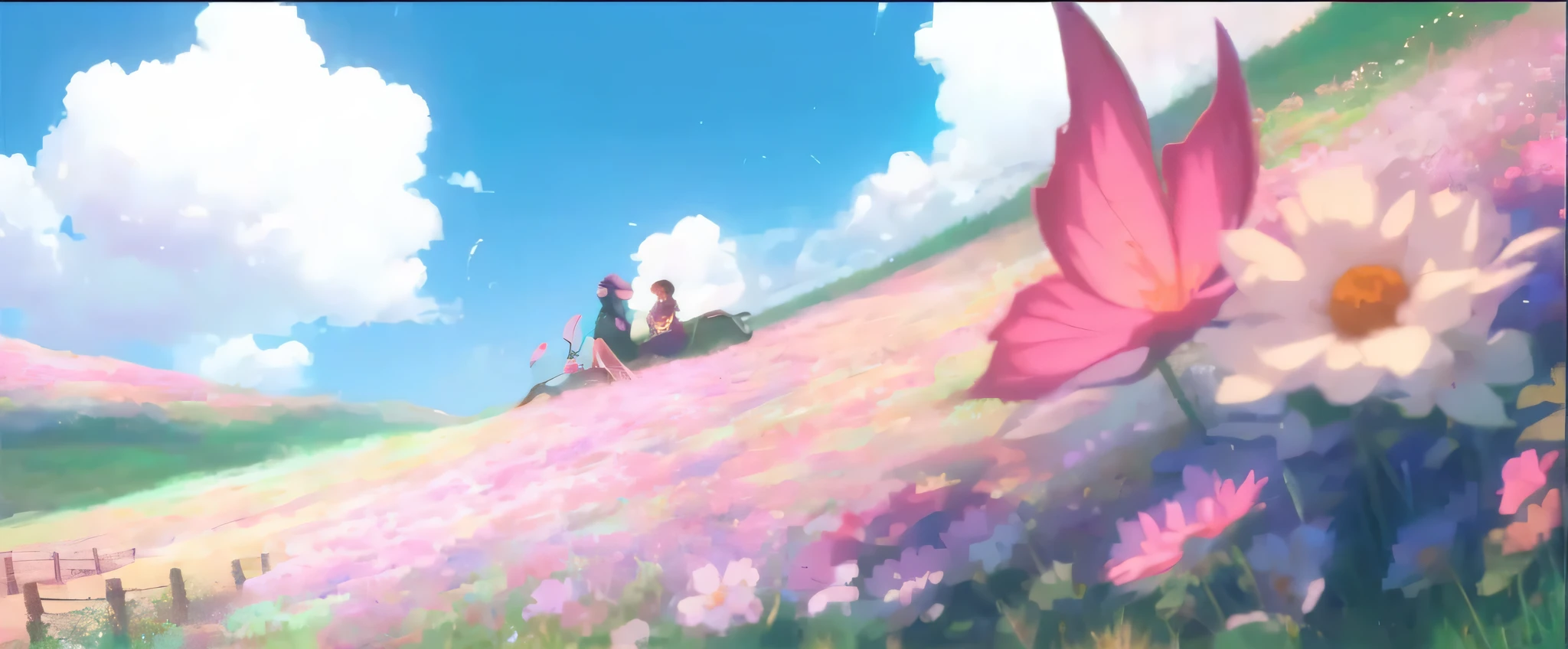 there are two people riding horses in a field of flowers, guweiz and makoto shinkai, ( ( makoto shinkai ) ), beautiful anime scene, makoto shinkai. —h 2160, anime beautiful peace scene, sakimichan and makoto shinkai, artwork in the style of guweiz, style of makoto shinkai