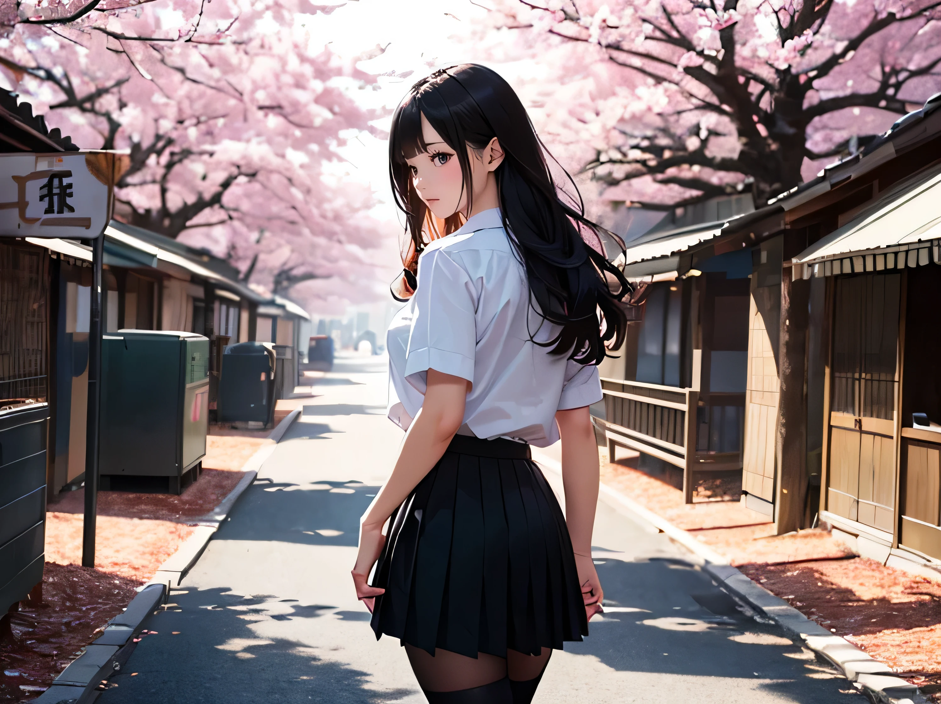 ((ultra high definition)), (ultra high resolution), (Highest resolution), ((best quality)), ((masterpiece)), (super detailed), (super detailed), (realism), (Illustration works), (High contrast natural side daylight, dynamic lighting, movie lighting), (((whole body))), Sexy Japanese high school girl, ((Put the camera behind your back, looking back)), (perfect body structure:1.5), Charming body shape, Smooth and fair skin, (extra long)Black curly hair, Long hair fluttering in the wind, ((Super fine hair painting quality)), ((Shocking hair quality)), ((Perfect hairline)),long and sexy legs, (((perfect feet品質))), (((Perfect handmade quality))), looks cute, long eye hair, thin eyebrows, shining eyes, blush, Smile, pink lips,
((symmetrical clothes, uniform, white collar shirt, Black pleated student skirt,dark stockings, Dark student shoes)), Perfect clothing texture, perfect feet, (Beautiful scenery), (outdoor breeze), The wide streets of a peaceful Japanese city, spring morning, ((Cherry blossoms)), whole body影像, ((perfect composition)), Prominent theme, (eye level photography:1.0), (shot from behind:1.0), (Detailed depiction of environmental details:1.5), Depth of field control,