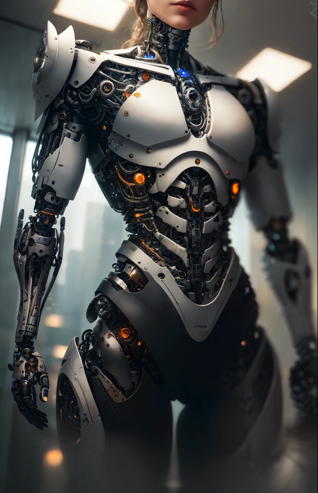 Cute sexy full body mecha of cyberpunk female warrior, no face, black tech mechanical opaque helmet, biomechanics, MSHN robot, high-tech helmet, surreal, steel, complex design, crazy details, fine details, extremely clear lines, cinematic lighting, photorealistic, detailed masterpiece