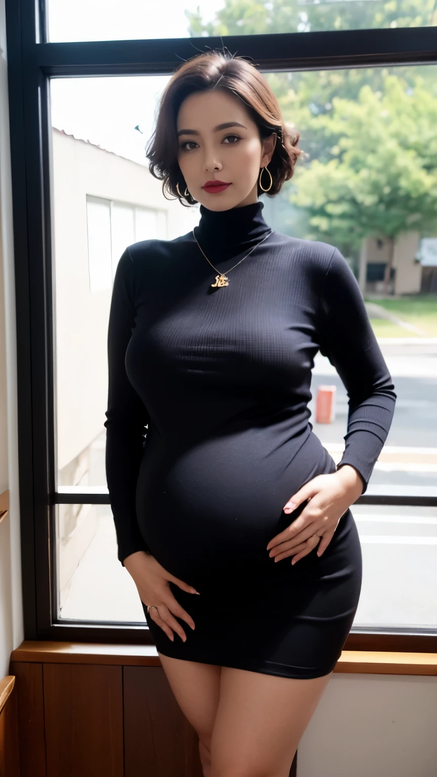 Highly detailed 8k wallpaper), 8k,best quality, masterpiece, ultra high resolution,(lifelike:1.4), original photo, sharp focus, detailed, dramatic, Exquisite and beautiful woman, (huge pregnant),(tall and straight:1.1), (Without), (droopy giant:1.1), (Fat Evil Goddesetallic high-leg one-piece racing turtleneck knit dress:1.0),(Dark purple and black lines,turtleneck knitted bodycon skirt),(thin fabricmetalone-pieceracing ), Half butterfly earrings, Double ring necklace, (defiance:1.05), (65 years old, : 1.4), cosmetic, (lipstick: 1.1), (Eyeliner: 1.2), mascara, eye shadow, curls, dynamic angle, (red lips)nice graphics, current employer,spectacular view, wide windows, show your whole body, standing beside window,phone photo of {subject and location} posted to {some social media} in {some time frame} --style raw --s 0 --ar {some vertical aspect ratio}.