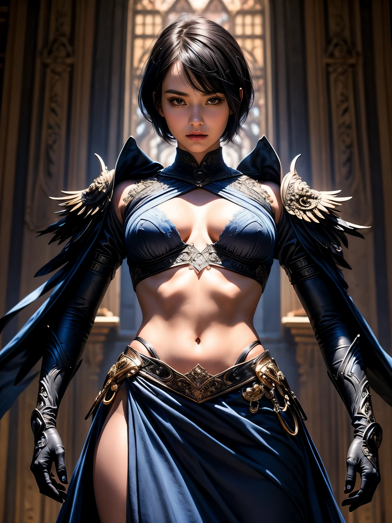 (((Best Quality))), ((Ultra-detailed)), (extremely detailed photo), ((extremely delicate and beautiful)),(Cute delicate face), ((masterpiece)), perfect anatomy, intricate, (highly detailed), masterpiece, photorealistic, (Tall and cool 35 year old boyish girl),(indigo and black armor), ((Castle town)) ,(upper body),alone,(black hair and short hair),(dynamic pose), looking at viewer, double eyelid,delicate skin,slender body shape,small breast
