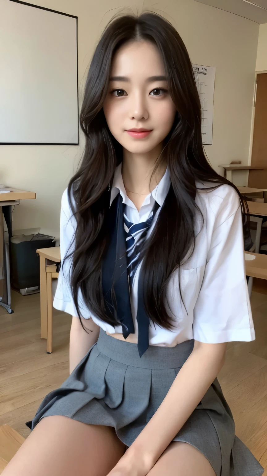 ((top-quality、8k、​masterpiece:1.3))、Beautiful woman with perfect body:1.4、slim abdomen:1.2、Longhair, normal breast, Highly detailed facial and skin texture, A detailed eye, delicate eyes, double eyelid, (smile), (full body shot), ((classroom)), ((sitting on chair), ((wearing student uniform)), looking in front