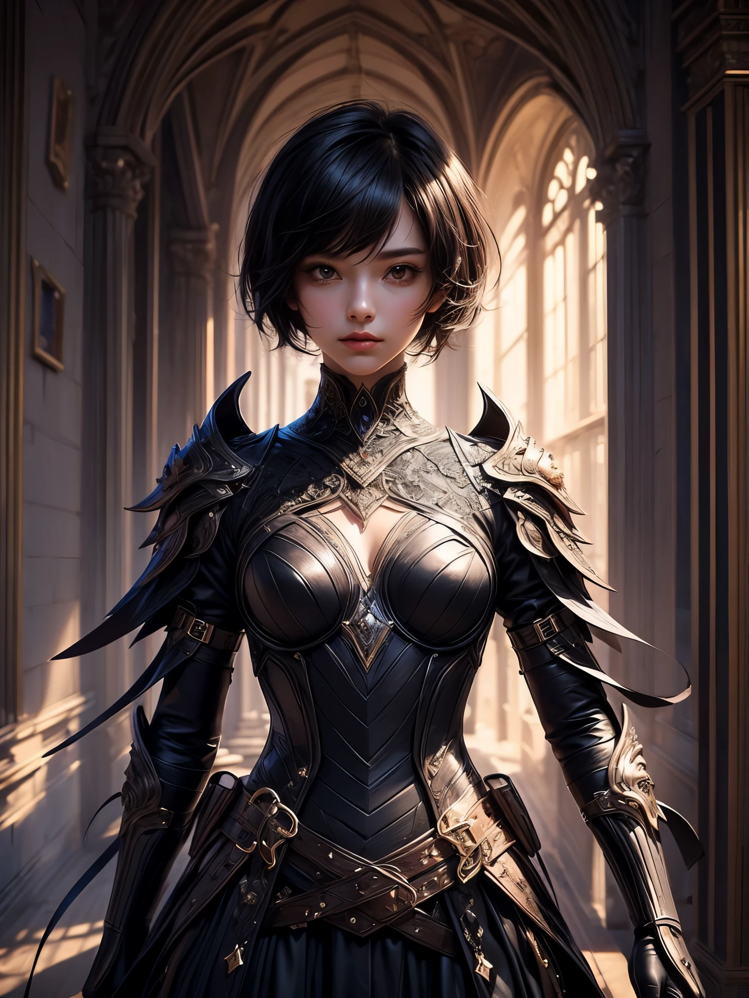 (((Best Quality))), ((Ultra-detailed)), (extremely detailed photo), ((extremely delicate and beautiful)),(Cute delicate face), ((masterpiece)), perfect anatomy, intricate, (highly detailed), masterpiece, photorealistic, (Tall and cool boyish girl),(amber and black armor), ((Castle Town)) ,(upper body),alone,black hair,(pixie cut hair),(dynamic pose), looking at viewer, double eyelid,delicate skin,slender body shape,small breast