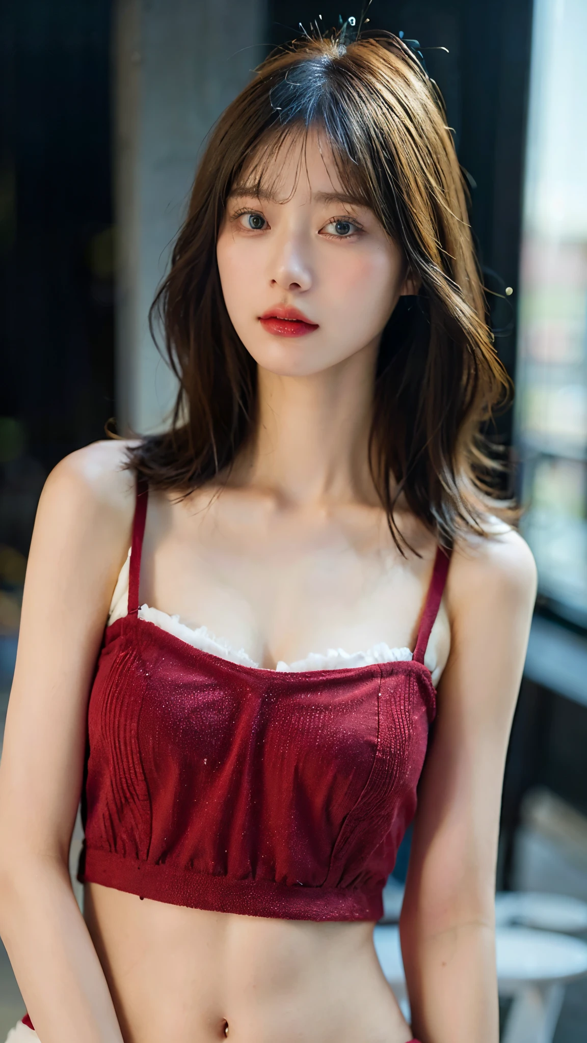 (photorealistic:1.8),(bokeh:0.3),((((film grain)))),(masterpiece:1.2),(highest quality:1.2),8k,raw photo,High-quality texture,detailed texture, Girl in thin low cut camisole and tight denim shorts poses for photo、full body、sexy dress、Slim body、(large , cleavage, park,)、Slim Girl Model、24 year old female model、Beautiful body Highly detailed face Facing the front Navel out red Too torn dress Shabby dress Shabby string camisole Only the strings are too short camisoles dress that are too short genitals are visible Low-rise dress Scanty hot panties Show all your beautiful body