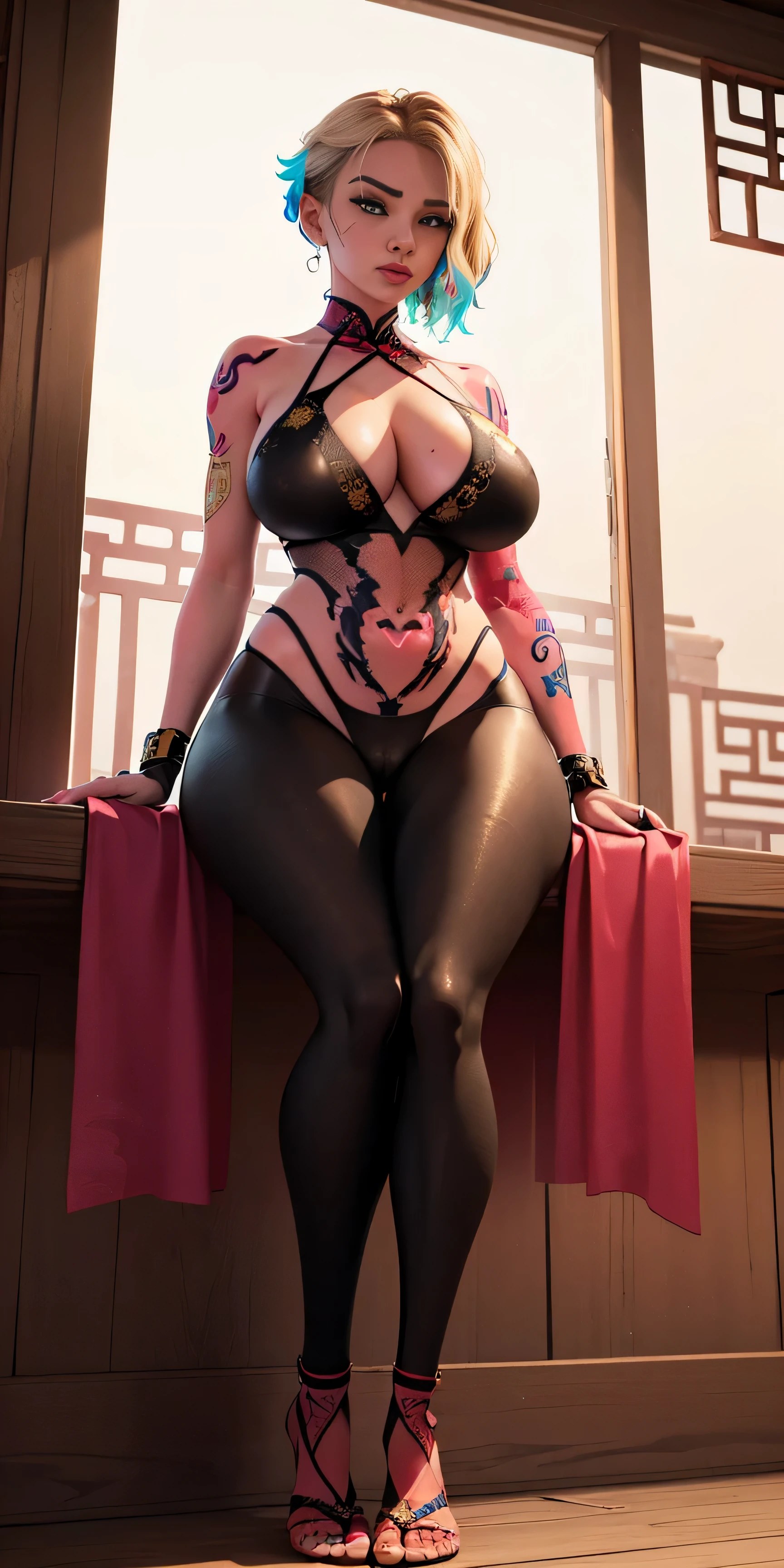 Big Breasts, Nsfw, transparent, gifted, nighttime,full body, Gwen Stacy, (((Wearing Transparent ancient Chinese palace embroidery clothing;Golden lace))), Jewelry ,Elegant sitting posture,Masterpiece,best quality,official art,extremely detailed, 3D, Cinema 4D,8k,photorealistic:1.4, ( ##color-tattoo ##,color-tattoo, ~+color-tattoo:1.6),(Perfect female curves, huge stacked breast),(A seductive gaze), Facing the camera, Pink lips,Delicate fingers and hands,magic hour, Rembrandt lighting, front lighting and fill lighting, hard shadow, micro thong