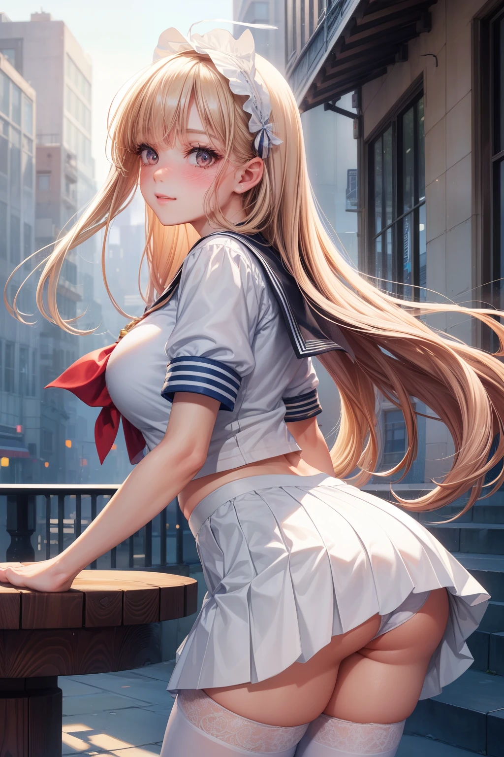 highest quality, masterpiece, High resolution, 8K, 超A high resolution, clarity, Clear drawings, (Photoreal:1.4), beautiful face, symmetrical eyes, one girl'whole body, ((table top, perfect pixel)), young beautiful girl, whole bodyが見えました, (long hair), ((beautiful eyelashes)), ((detailed face, blush:1.2)), ((smooth texture:0.75, realistic texture:0.65, realistic:1.1, Anime CG style)), big breasts, ((head ribbon, sailor suit)), city stairs、Looking up from the bottom of the stairs、Very embarrassing panic smile, looked back、lean forward、(The wind flipped my skirt and exposed my butt..、touch your butt with both hands、white panties), short skirt, white lace tights, knee high socks, black shoes, angle from below, blue sky, Pants fully visible