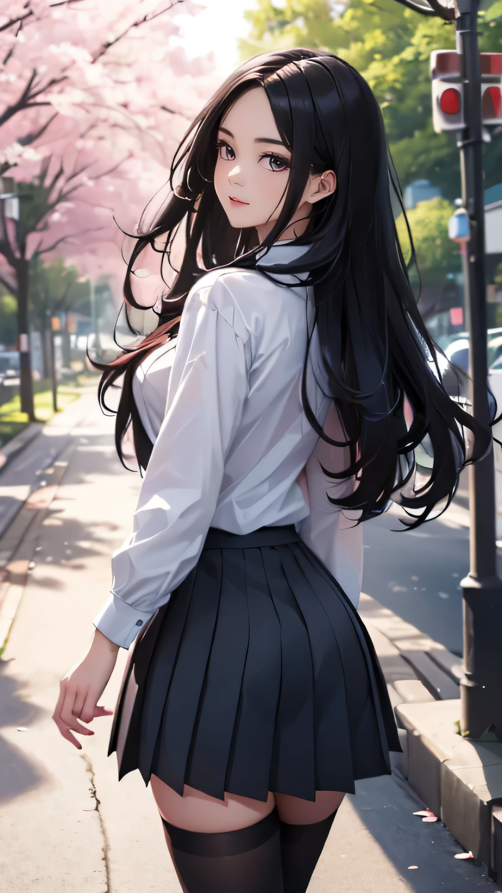 ((ultra high definition)), (ultra high resolution), (Highest resolution), ((best quality)), ((masterpiece)), (super detailed), (super detailed), (realism), (Illustration works), (High contrast natural side daylight, dynamic lighting, movie lighting), (((whole body))), Sexy Japanese high school girl, ((Put the camera behind your back, looking back)), (perfect body structure:1.5), Charming body shape, Smooth and fair skin, (extra long)Black curly hair, Long hair fluttering in the wind, ((Super fine hair painting quality)), ((Shocking hair quality)), ((Perfect hairline)),long and sexy legs, (((perfect feet品質))), (((Perfect handmade quality))), looks cute, long eye hair, thin eyebrows, shining eyes, blush, Smile, pink lips,
((symmetrical clothes, uniform, white collar shirt, Black pleated student skirt,dark stockings, Dark student shoes)), Perfect clothing texture, perfect feet, (Beautiful scenery), (outdoor breeze), The wide streets of a peaceful Japanese city, spring morning, ((Cherry blossoms)), whole body影像, ((perfect composition)), Prominent theme, (eye level photography:1.0), (shot from behind:1.0), (Detailed depiction of environmental details:1.5), Depth of field control,