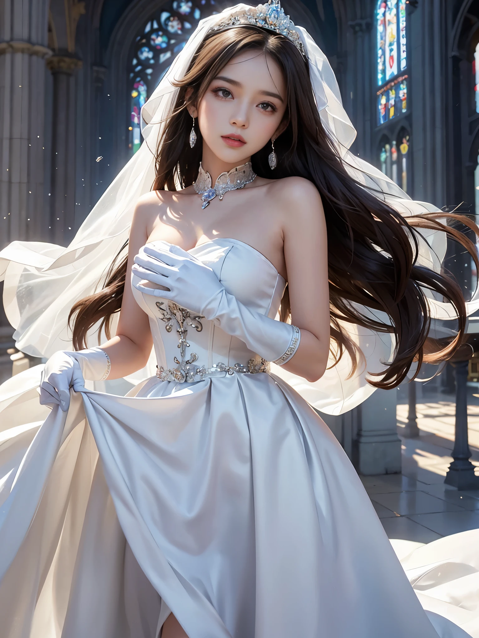 best quality, masterpiece, There is only one woman, yak, cute teen, shiny lips, sweet, sun glare, Conservative attire, wedding dress, white gloves, bridal tiara, depth of field, blurred background, Cathedral Background, light particles, strong wind, head tilt, long hair,