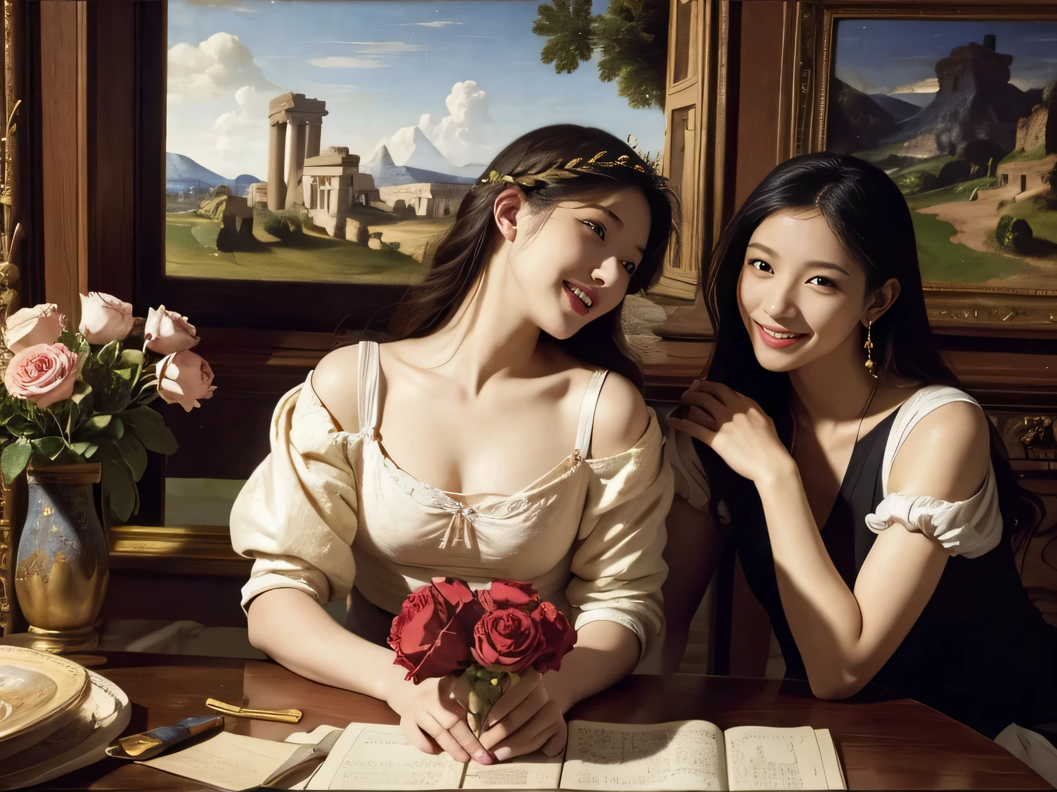 Giorgione painting style,Arguments of two female Philosophe,math、astronomical machine、astronaut、roses in vase、fruits、Cute trinkets、smile、ancient greek costume、Ancient Roman landscape in the style of Nicolas Poussin,laughter,,Sweet and seductive appearance.、Caravaggio's paintings、Chiaroscuro of Caravaggio、hair tousled by the wind,Two women frolicking,cute smile, expression of ecstasy,Sexy,erotic