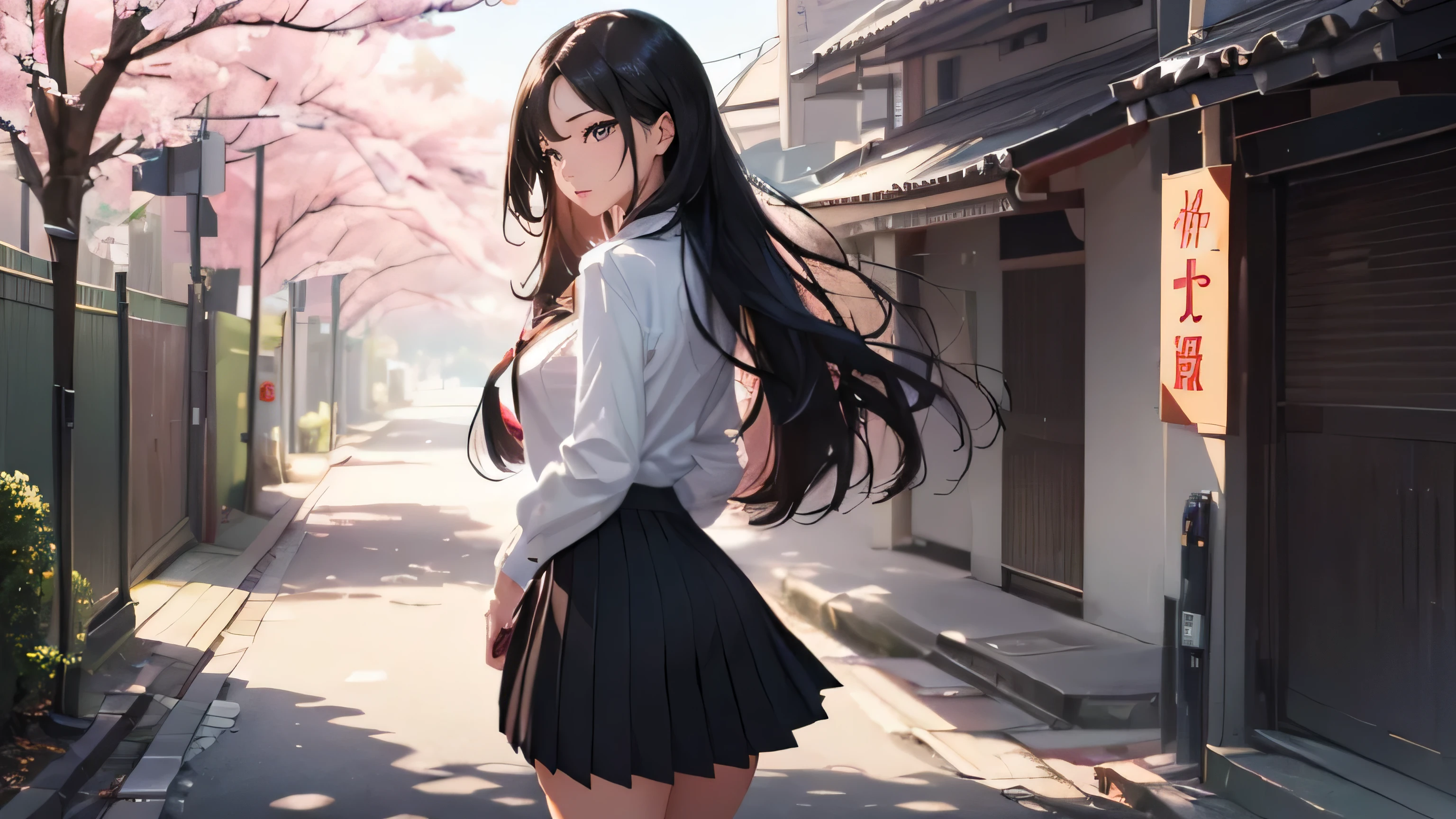 ((ultra high definition)), (ultra high resolution), (Highest resolution), ((best quality)), ((masterpiece)), (super detailed), (super detailed), (realism), (Illustration works), (High contrast natural side daylight, dynamic lighting, movie lighting), (((whole body))), Sexy Japanese high school girl, ((Put the camera behind your back, looking back)), (perfect body structure:1.5), Charming body shape, Smooth and fair skin, (extra long)Black curly hair, Long hair fluttering in the wind, ((Super fine hair painting quality)), ((Shocking hair quality)), ((Perfect hairline)),long and sexy legs, (((perfect feet品質))), (((Perfect handmade quality))), looks cute, long eye hair, thin eyebrows, shining eyes, blush, Smile,
((symmetrical clothes, uniform, white collar shirt, Black pleated student skirt,dark stockings, Dark student shoes)), Perfect clothing texture, perfect feet, (Beautiful scenery), (outdoor breeze), The wide streets of a peaceful Japanese city, spring morning, ((Cherry blossoms)), whole body影像, ((perfect composition)), Prominent theme, (eye level photography:1.0), (shot from behind:1.0), (Detailed depiction of environmental details:1.5), Depth of field control,