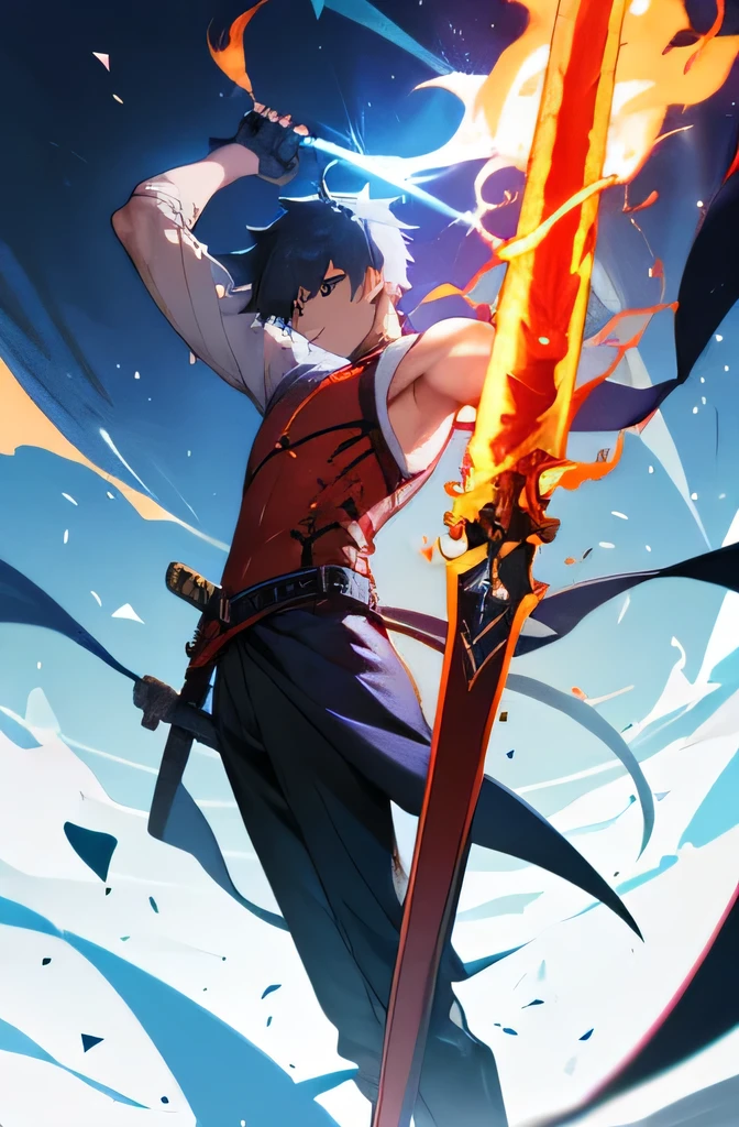 male、whole body、Are standing、arm、flaming sword、