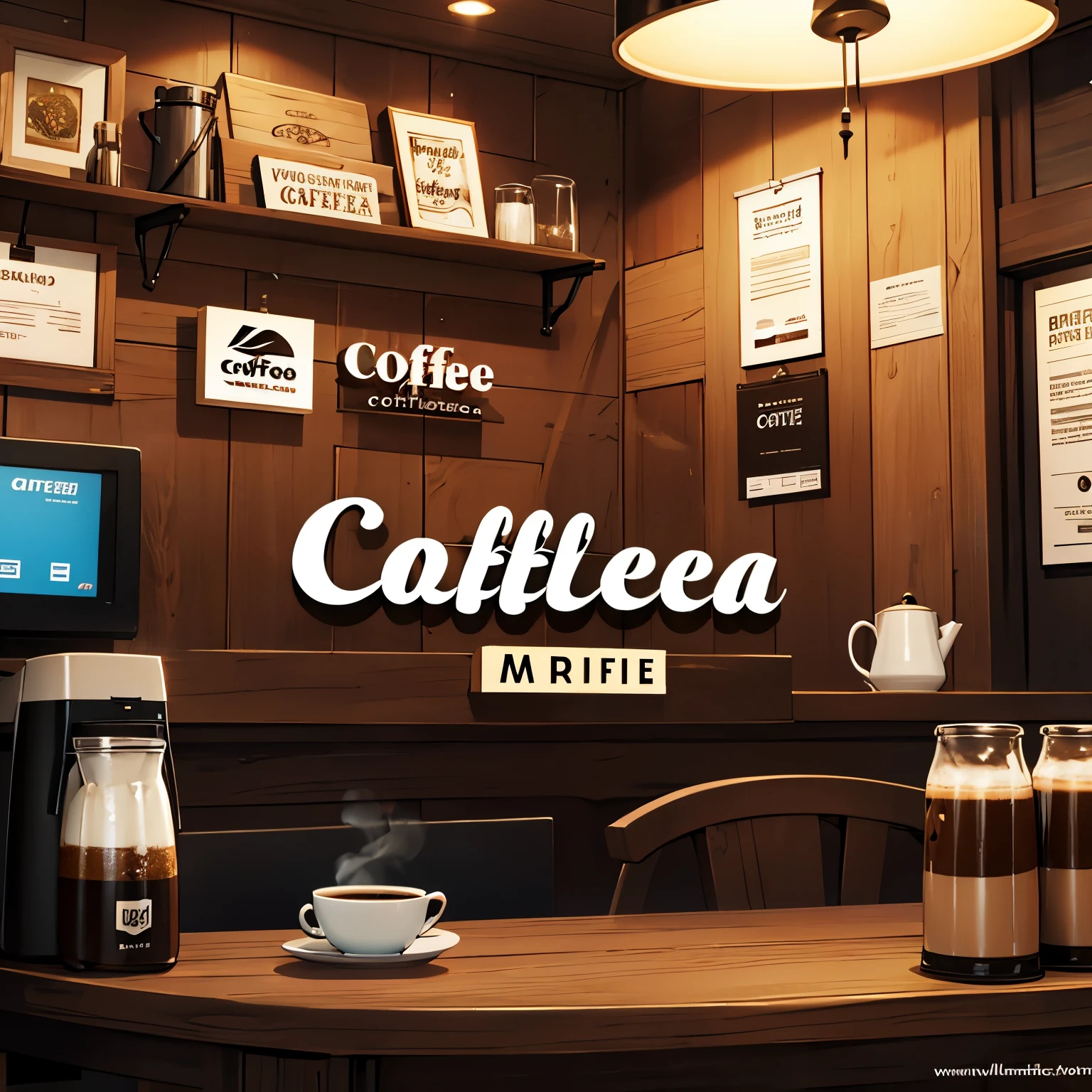 Create a logo to stick on the wall that is a cup of coffee with smoke and several coffee beans that has a title that says coffee house