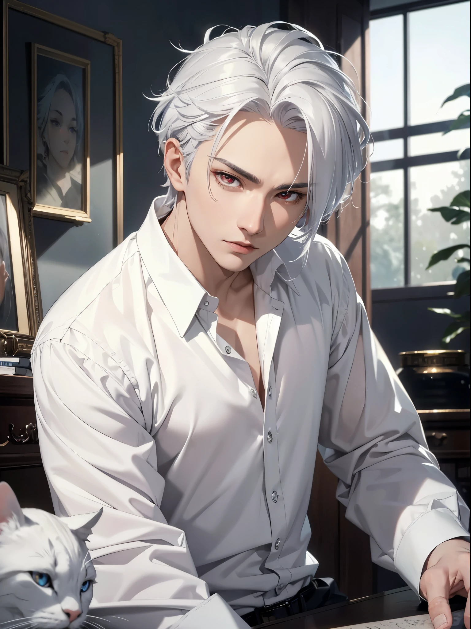 (masterpiece, Best Quality, absurdres, 8K resolution, HD wallpaper), cinematic lighting, raytracing, depth of field, Hyper Detailed, Ultra Detail,Haig Quality,sketch,1boy,matured male,Beautiful face,white hair,Handsome men,Pearl skin,white shirt,red eyes,Like a cat's eye,male in his 20s,relax in home, spiky silver hair, drop dead gorgeous, killer stare