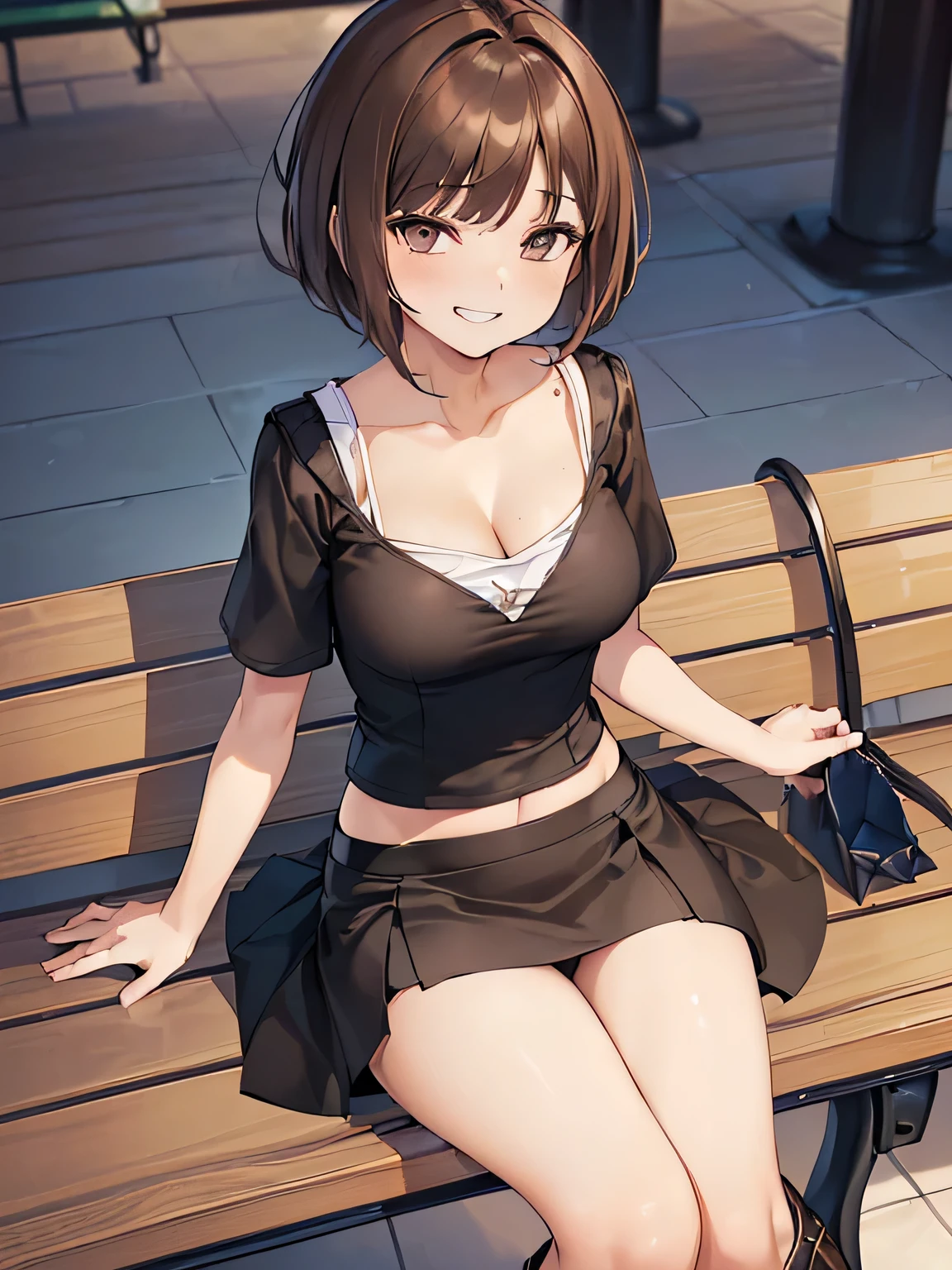 there is one woman、(The skirt is too short and you can see my pants.:1.8)、(Please show the composition as seen from the front..:1.5)、
(He is wearing a white short-sleeved V-neck T-shirt:1.u can almost see her cleavage from the V-neck:1.5)、(It'super tight black miniskirt.:1.8)、(I'Iは黒のスリムなロングブーツを履いています:1.8)、(Pants with flashy colors and patterns:1.2)、
(woman has short brown hair:1.5), shining eyes, (A provocative grin:1.5),
(The location is a high bench in a shopping mall..:1.8)、
highest quality, High resolution, realistic pictures, realistic skin,