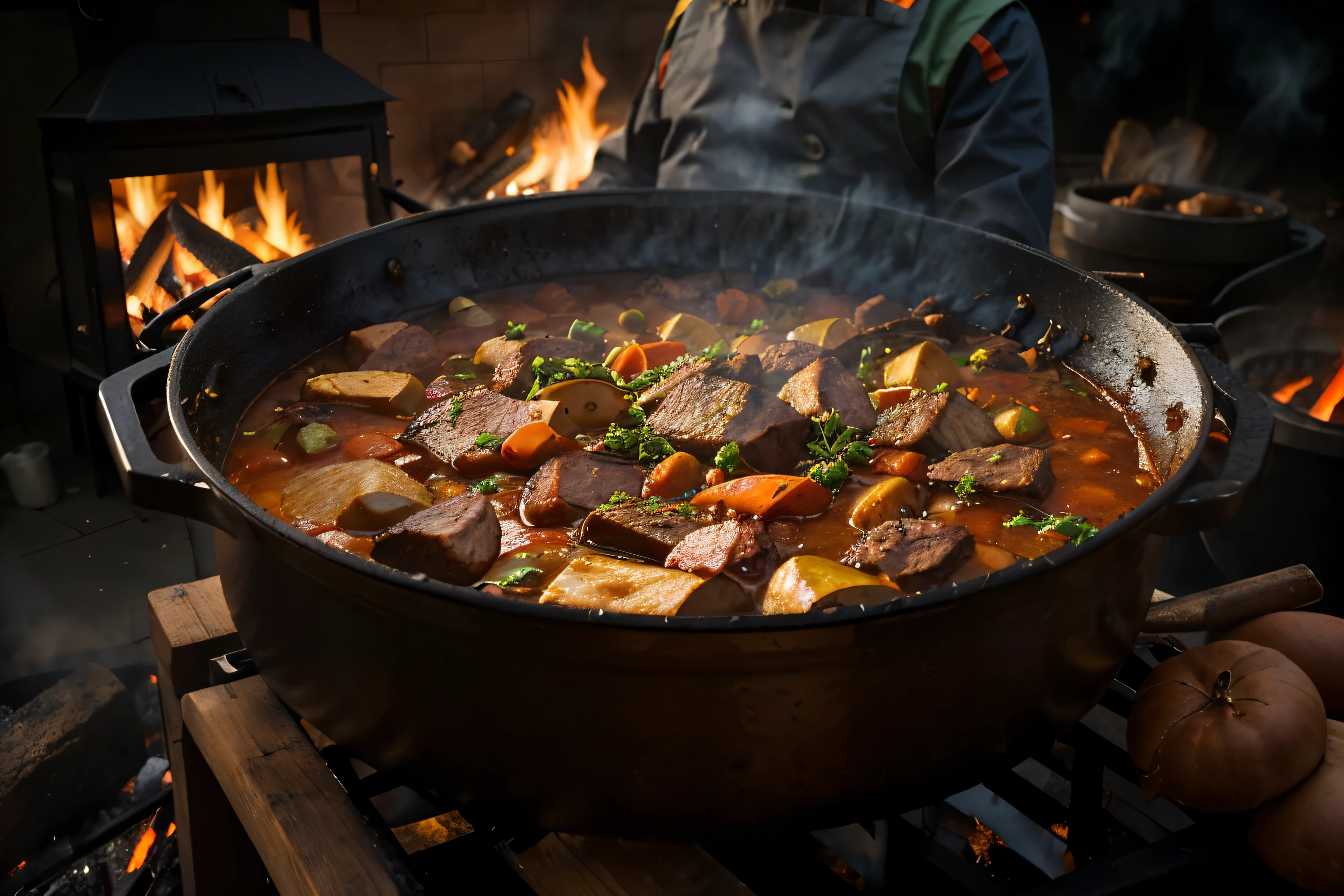 A hungarian chef with a close up of a pot of stew with meat and vegetables cooking over a fire,.