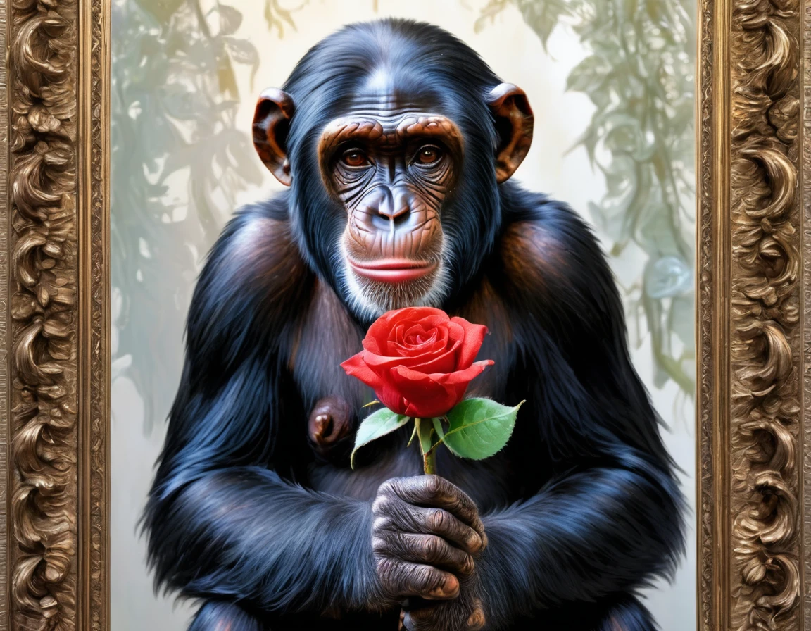 ultra-detailed,vivid colors,abstract art,a chimpanzee holding a rose in his hand,reflections of the chimpanzee in the mirror,very detailed image in the mirror