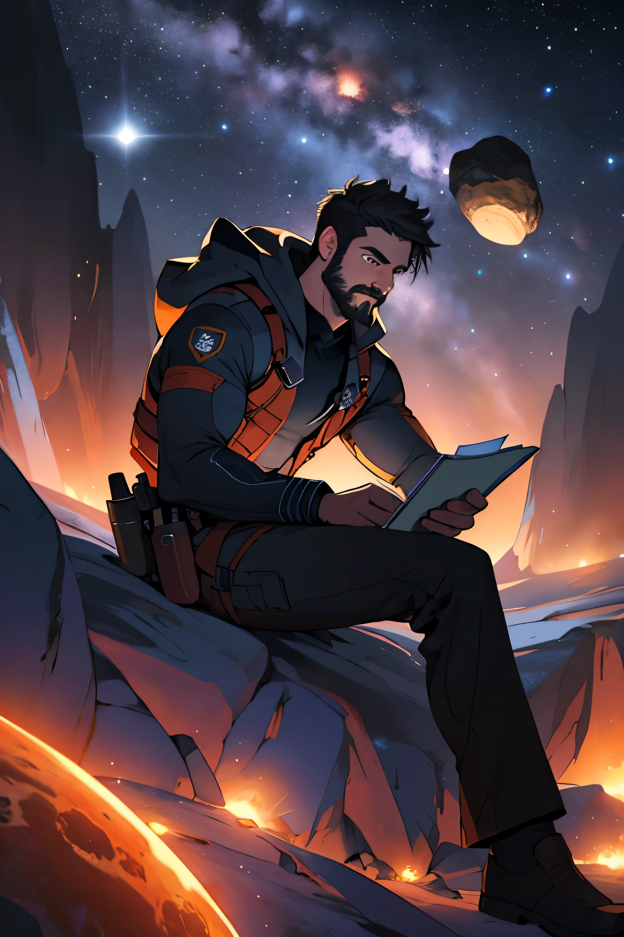 Draw a young programmer, sitting on a research platform floating in the middle of an asteroid belt. He is studying with a notebook, surrounded by several asteroids glowing with fiery auras. Dramatic lighting from distant stars and planets illuminates the scene, casting deep shadows on the suit. The young man looks confident and determined, looking at the vast and mysterious universe with wonder and respect,facial hair, cowboy shot,
