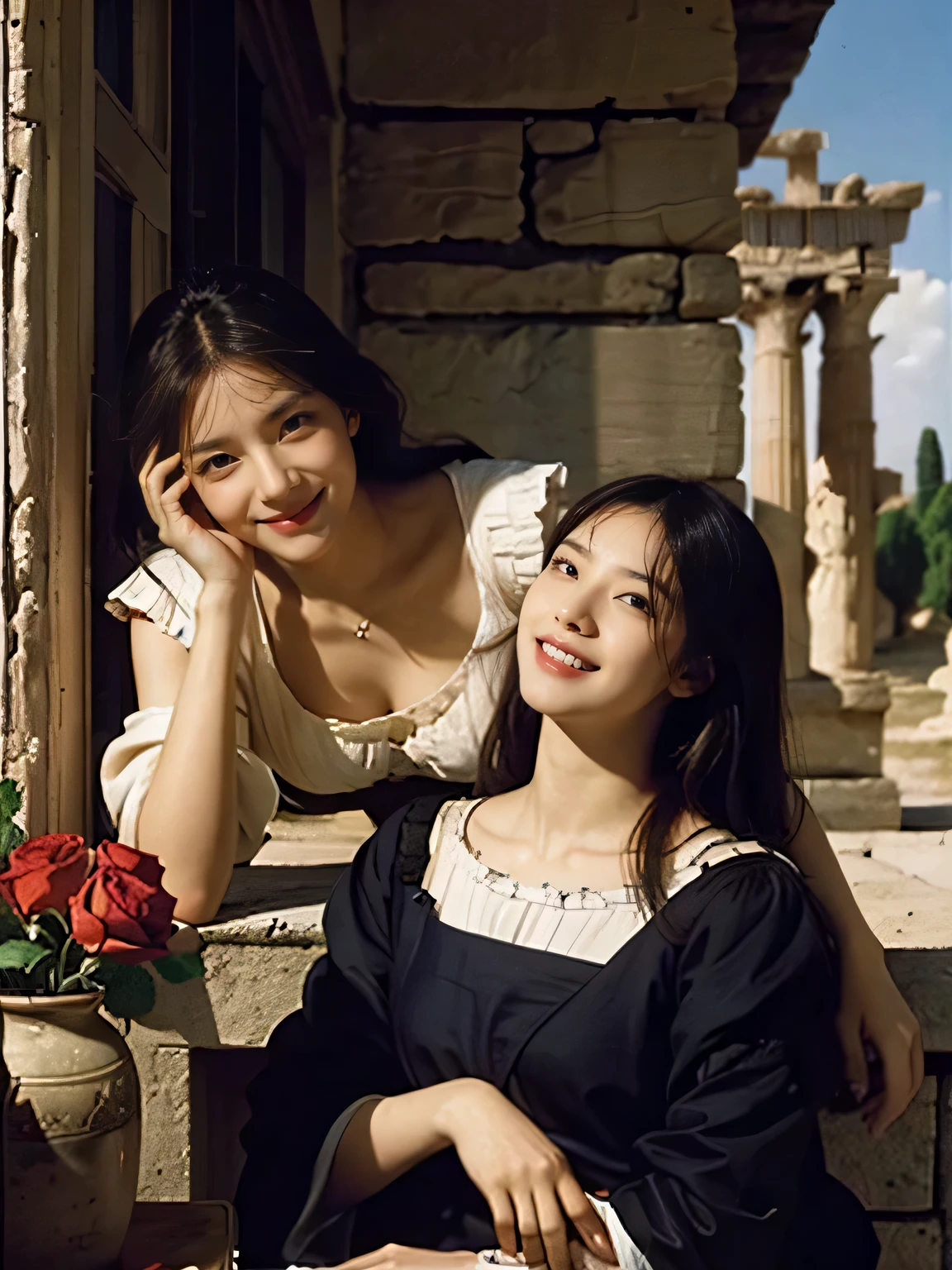 Giorgione painting style,Arguments of two female Philosophe,math、astronomical machine、astronaut、roses in vase、fruits、Cute trinkets、smile、ancient greek costume、Ancient Roman landscape in the style of Nicolas Poussin,laughter,,Sweet and seductive appearance.、Caravaggio's paintings、Chiaroscuro of Caravaggio、hair tousled by the wind,Two women frolicking,cute smile, expression of ecstasy,Sexy,erotic