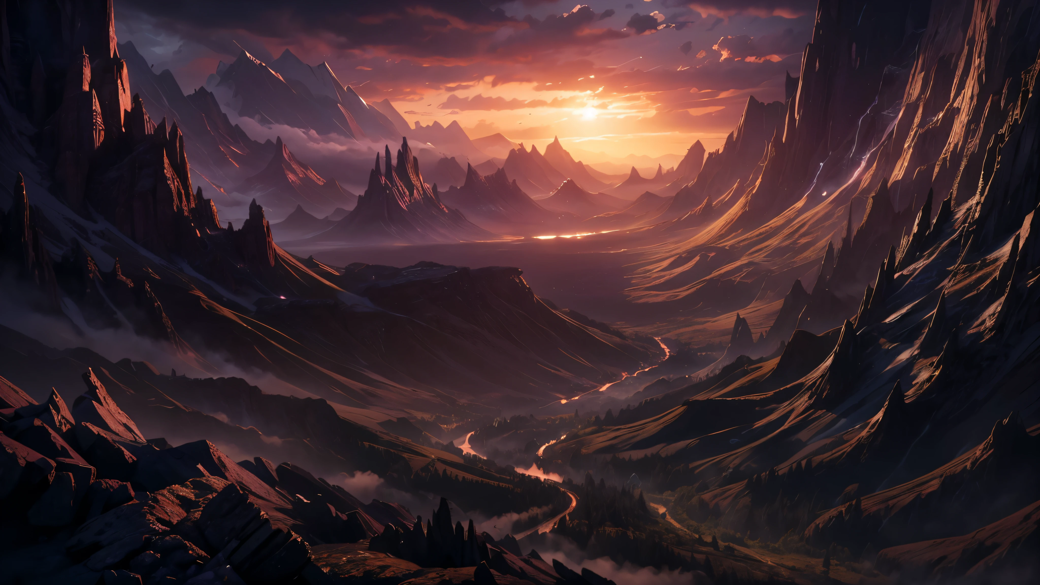 Masterpiece, From the depths of the cosmos, the shadows of fate descend upon the earth, their dark tendrils spreading like an ominous stain across the land. Beginning with the towering mountains, the shadows creep insidiously, enveloping every peak in a shroud of darkness. The once vibrant landscapes are now cast in an eerie twilight, as the inexorable march of fate reaches out to claim its dominion upon the entire earth, 16K, ultra high res.photorealistic, UHD, DSLR, RAW