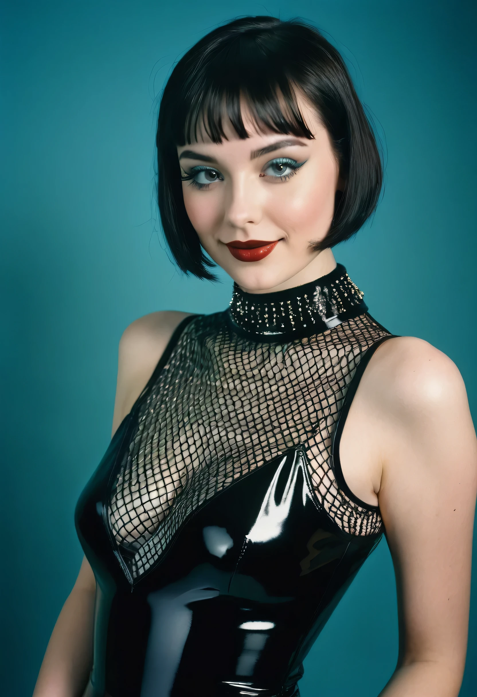 (full length editorial photograph of a 25 yo woman), (highly detailed face:1.4) (smile:0.7) short bobbed dark hair, jewelled choker,  smooth pale skin,  tight black pvc bodysuit with fishnet stockings,pale blue flapper dress (background inside dark, moody, private study:1.3) nikon d850, film stock photograph ,4 kodak portra 400 ,camera f1.6 lens ,rich colors ,,lifelike texture, dramatic lighting , cinestill 800, erotic, gothic,nude top, perfect vagina, hot, seductive , giant , big , nude, smiles 