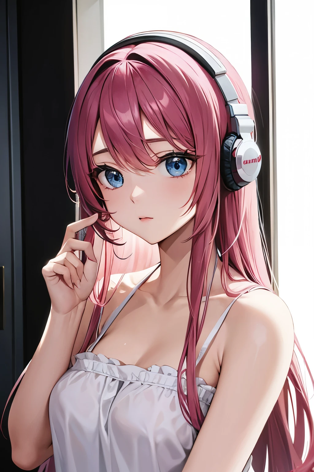 Beauty、headphones、pink hair、blue eyes、bare shoulders、long hair
