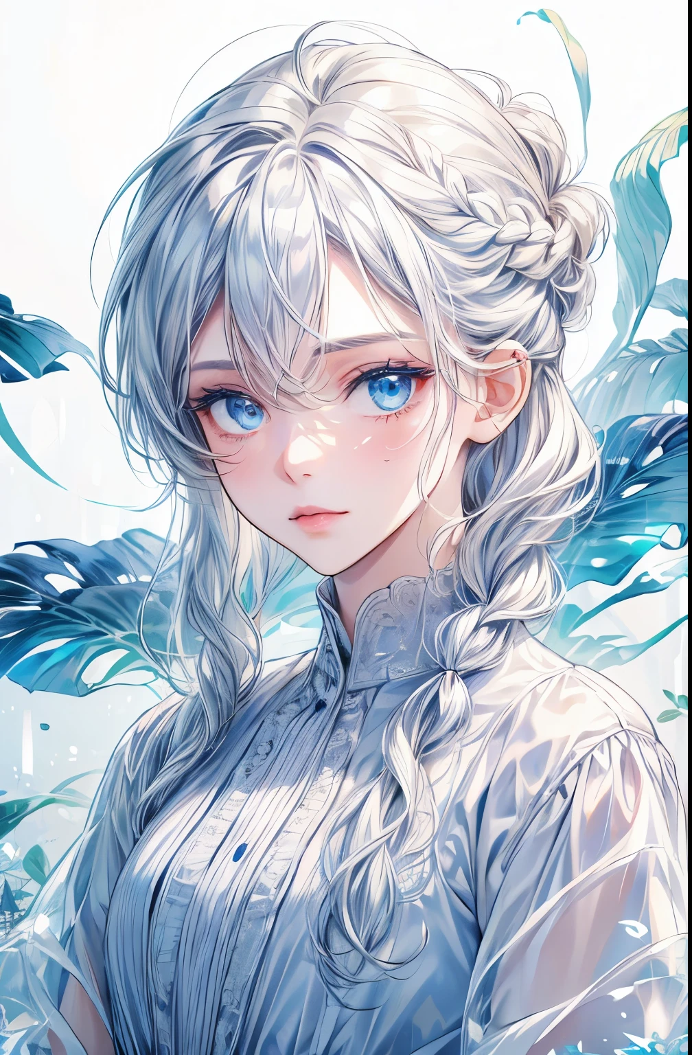 (best quality, masterpiece:1.2), white hair, blue eyes, white clothes, upper body, hair, fair skin, side braid