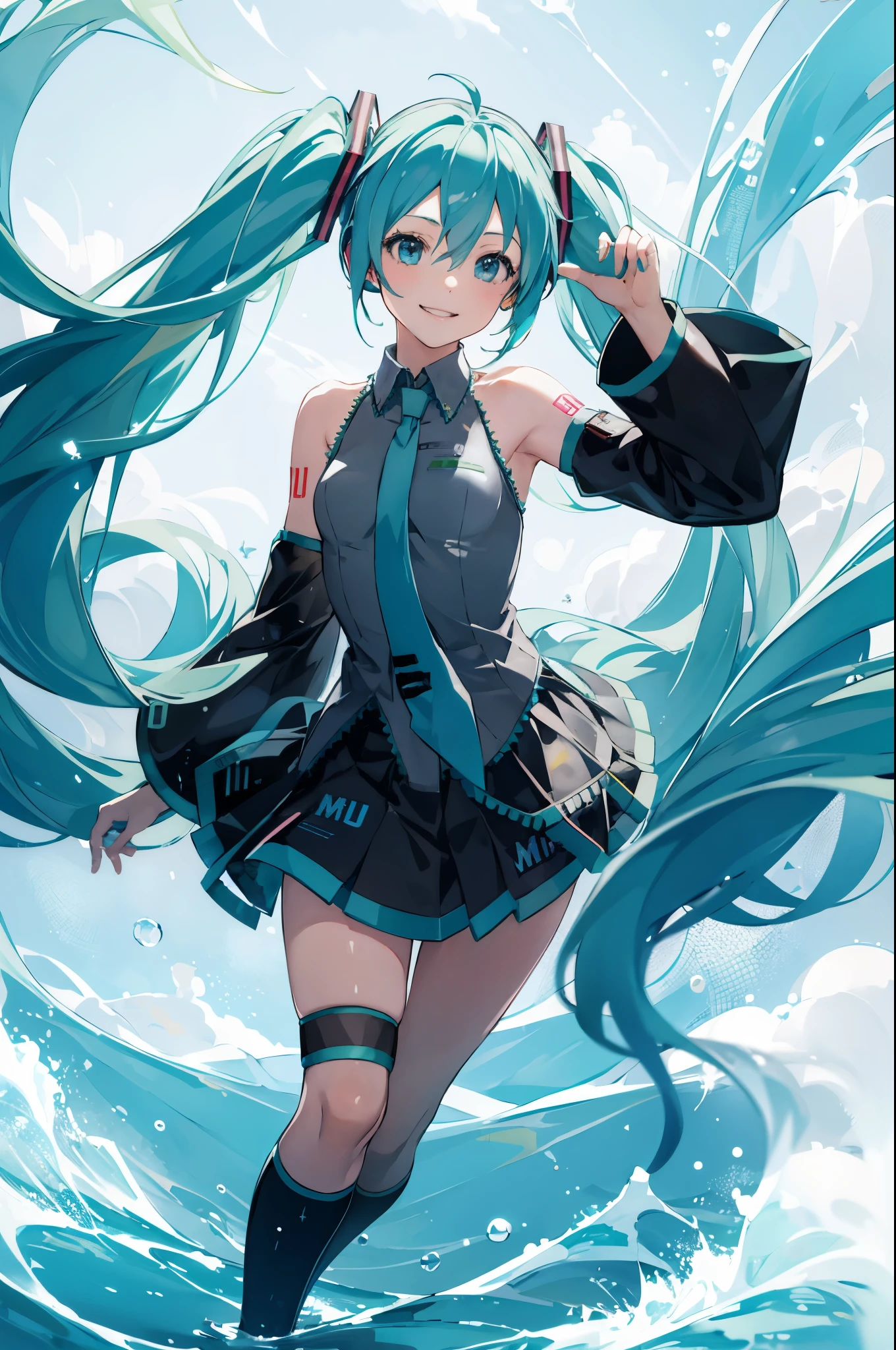 1 girl, smile, (Vocaloid), ((Hatsune Miku)), ((Blue blue-green hair)), (long hair), looking at the viewer, volume lighting, dynamic pose,Realistic