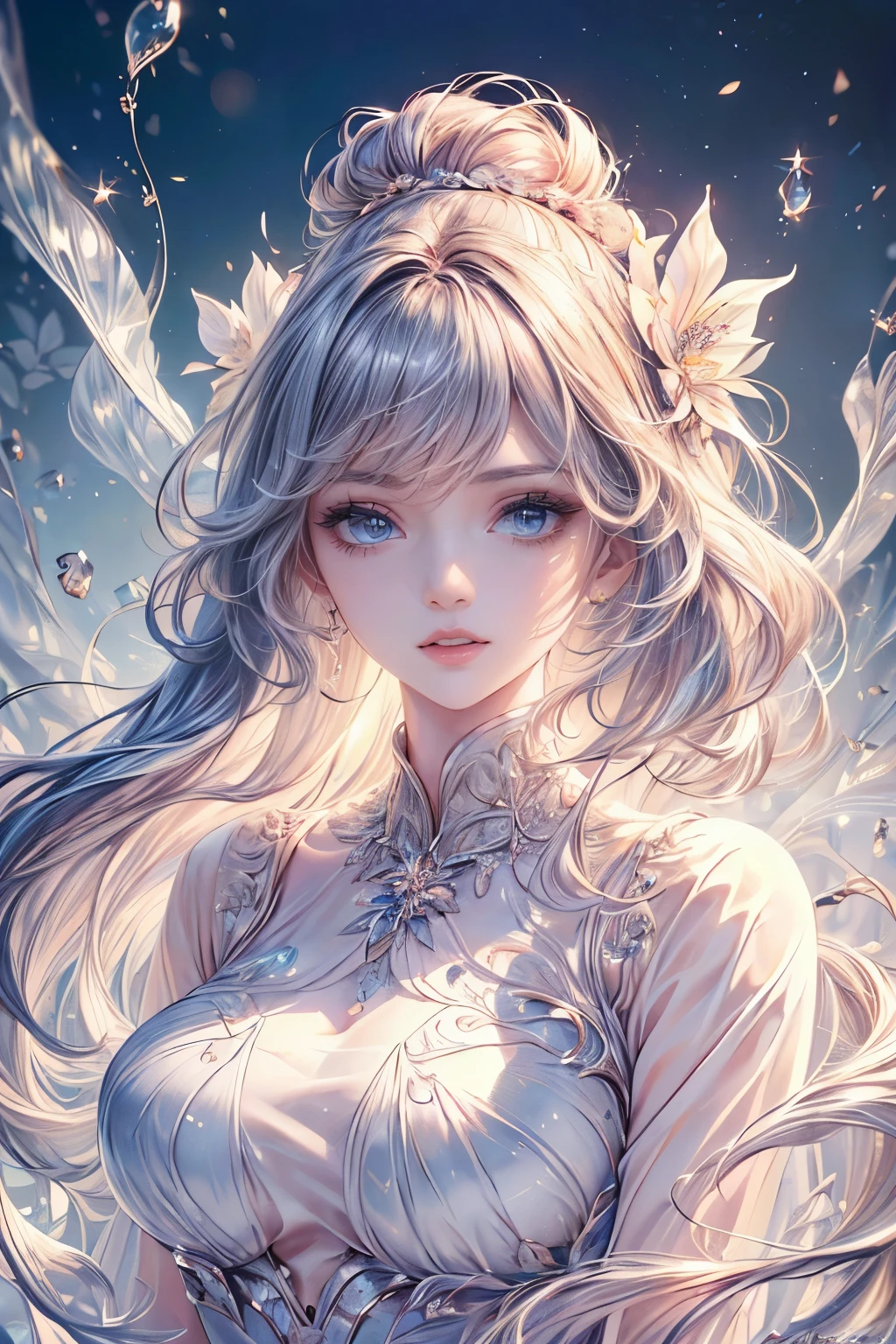 (best quality,8K,CG,beautiful detailed upper body,lonesome,thumb girl,sheer court dress,floral background,complex facial features,flowing long hair,almond-shaped eyes,exquisite eye makeup,long fluttering eyelashes,big sparkling eyes,star-filled sky,elegant lip details,gentle style)