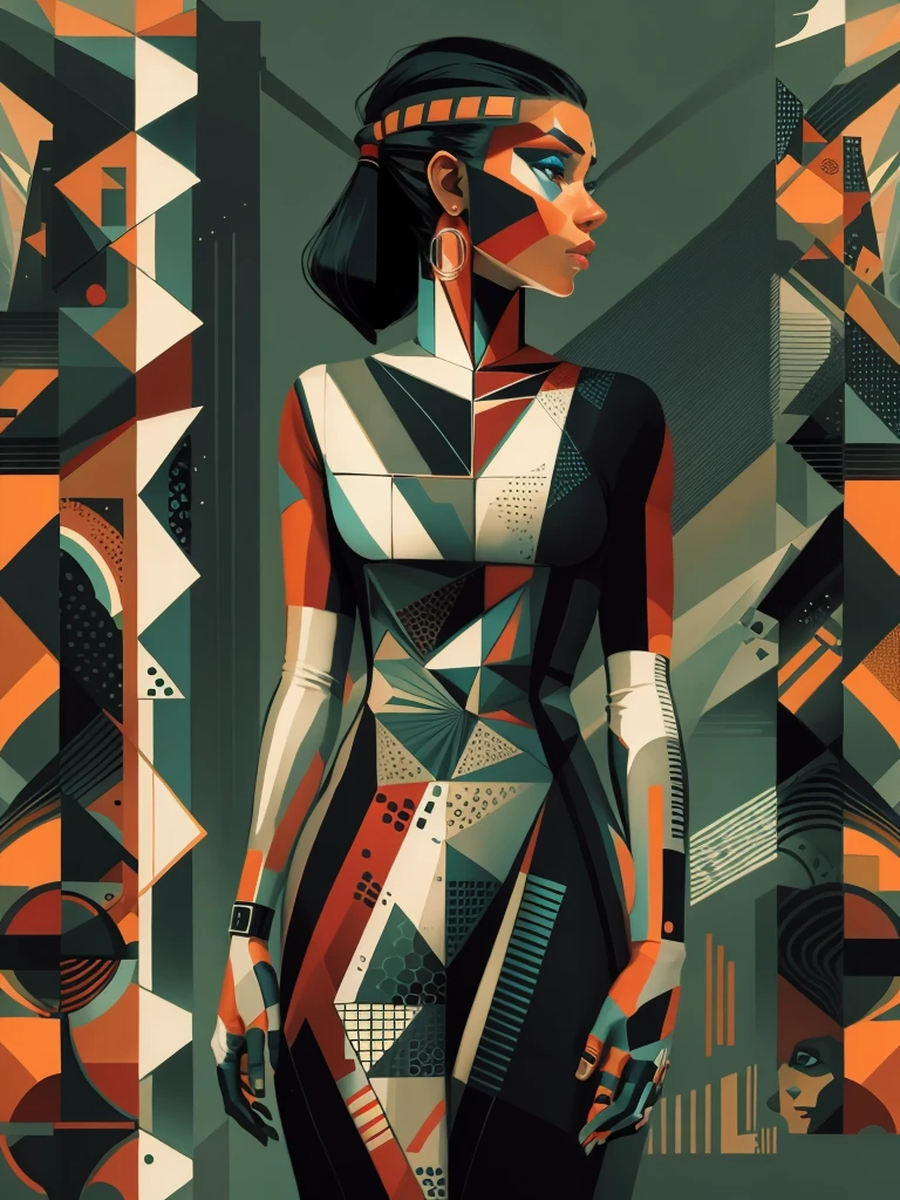 ((best quality)) , ((masterpiece)) ,((detail)) ,woman, aborigines, assassin,matte skate skirt,slicked back hairstyle,Peeping Space Age Blacktail,Simple background, (((Cubist artwork side light))) , Geometry, Abstract, innovative, revolutionary,8K resolution