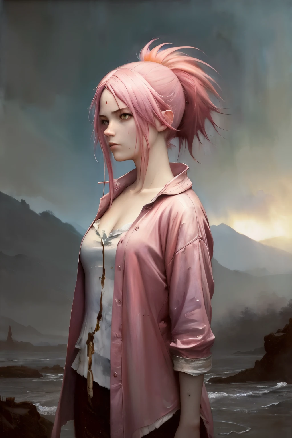 (masterpiece), anime, (photo_\(medium\):1.0), by Antonio J. Manzanedo, by Jeremy Lipking, 1girl, lightning, in a surreal landscape, painting style with watercolor, brushstrokes, unbuttoned, orange eyes, ponytail, pink hair, cyberpunk, japanese clothes