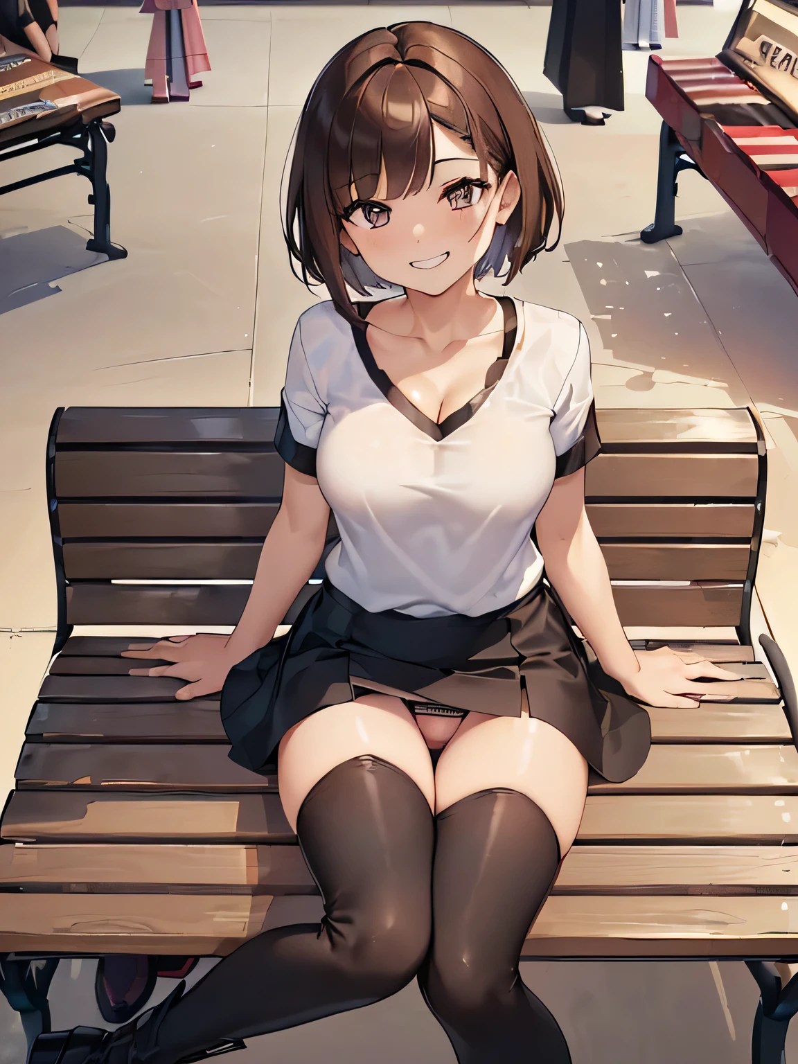 there is one woman、(The skirt is too short and you can see my pants.:1.8)、(Please show the composition as seen from the front..:1.5)、
(He is wearing a white short-sleeved V-neck T-shirt:1.u can almost see her cleavage from the V-neck:1.5)、(It'super tight black miniskirt.:1.8)、(I'Iは黒のスリムなロングブーツを履いています:1.8)、(Pants with flashy colors and patterns:1.2)、
(woman has short brown hair:1.5), shining eyes, (A provocative grin:1.5),
(The location is a high bench in a shopping mall..:1.8)、
highest quality, High resolution, realistic pictures, realistic skin,
