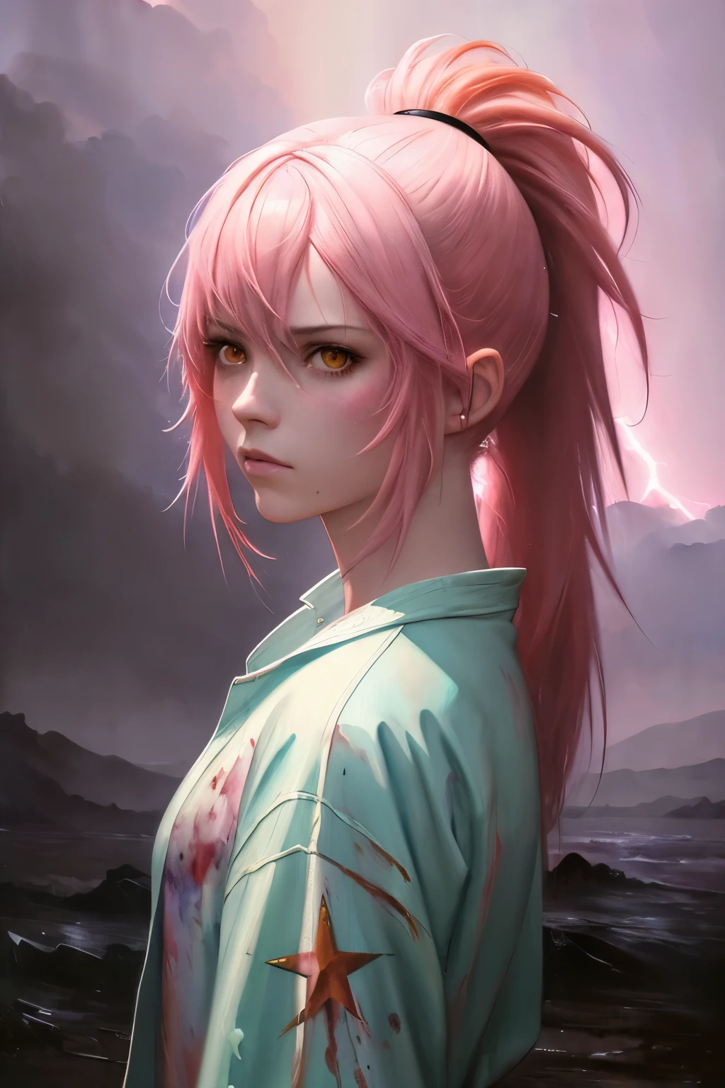 (masterpiece), anime, (photo_\(medium\):1.0), by Antonio J. Manzanedo, by Jeremy Lipking, 1girl, lightning, in a surreal landscape, painting style with watercolor, brushstrokes, unbuttoned, orange eyes, ponytail, pink hair, cyberpunk, japanese clothes
