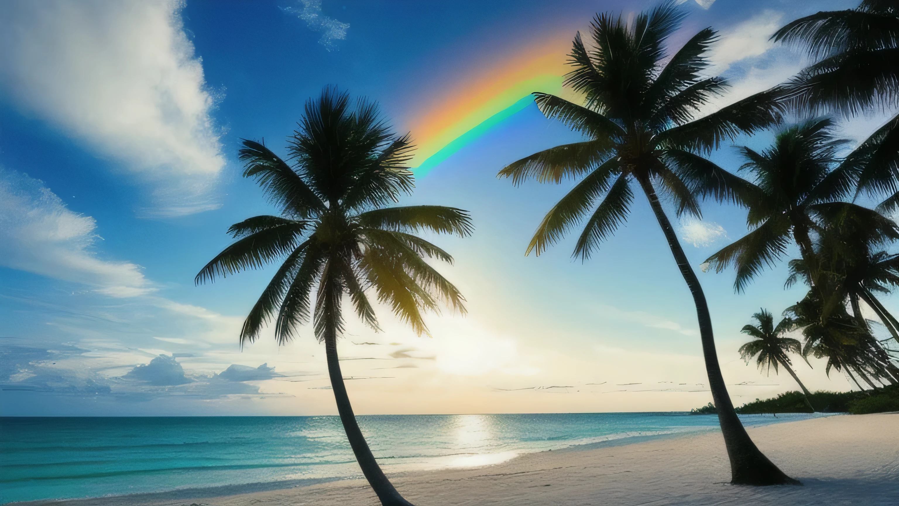 masterpiece, ultimate quality, CG Unity 8K 壁紙, super delicate, beautiful sky and clouds, blue sea、white sand beach、tropical beach、Palm tree、 no trace of people, Nice views, Already won a photo contest, Entire depth of field, HDR high dynamics, true restoration, Complex, extreme details, dramatic presentation, Perfectly expresses the style of mid-journey art.A rainbow is out