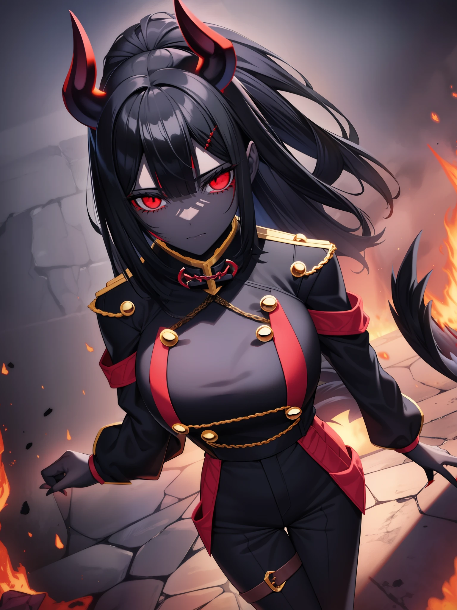 Hellhound, monster girl encyclopedia, black skin, black sclera, red eyes