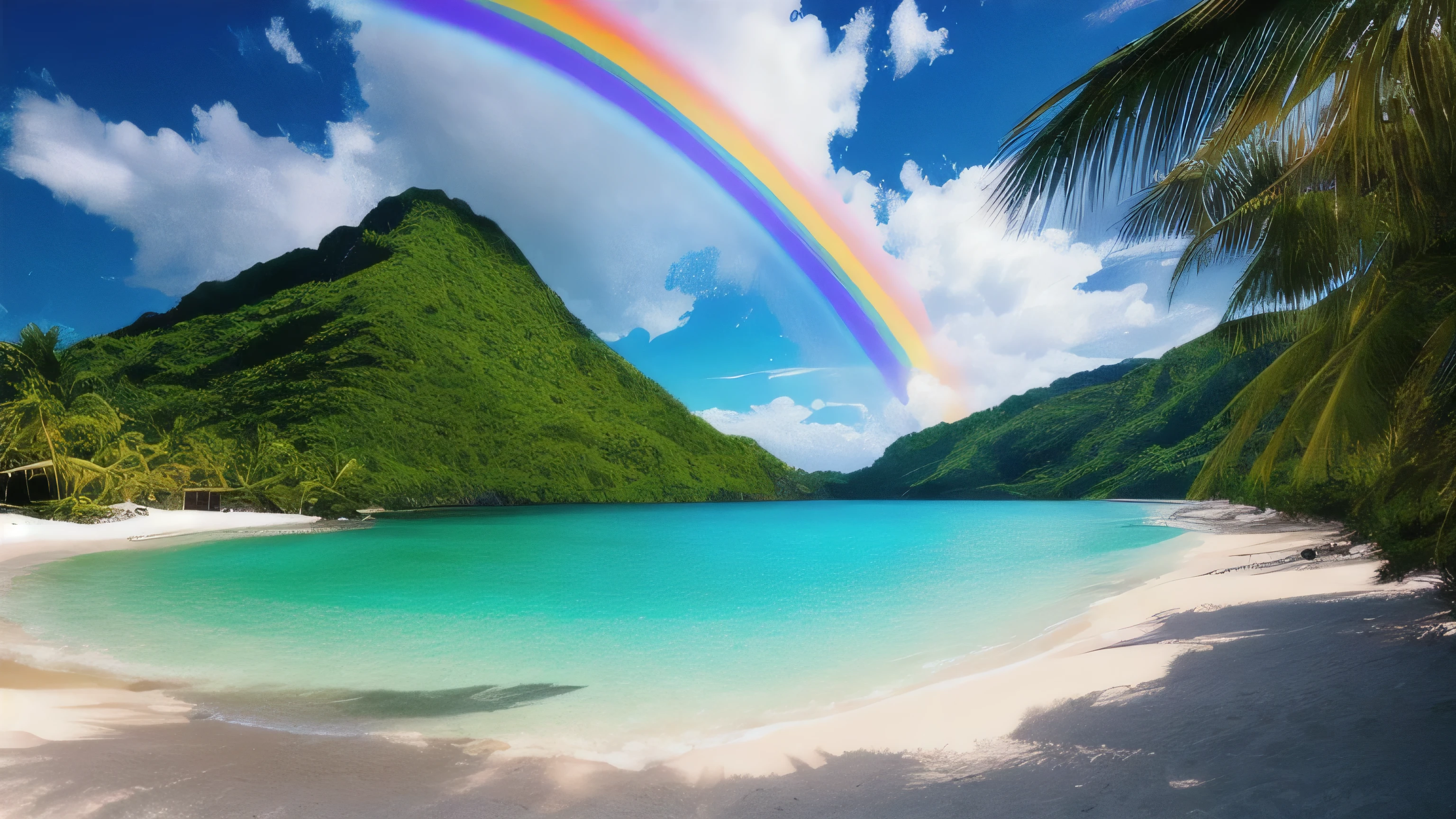 masterpiece, ultimate quality, CG Unity 8K 壁紙, super delicate, beautiful sky and clouds, blue sea、white sand beach、tropical beach、Palm tree、 no trace of people, Nice views, Already won a photo contest, Entire depth of field, HDR high dynamics, true restoration, Complex, extreme details, dramatic presentation, Perfectly expresses the style of mid-journey art.A rainbow is out