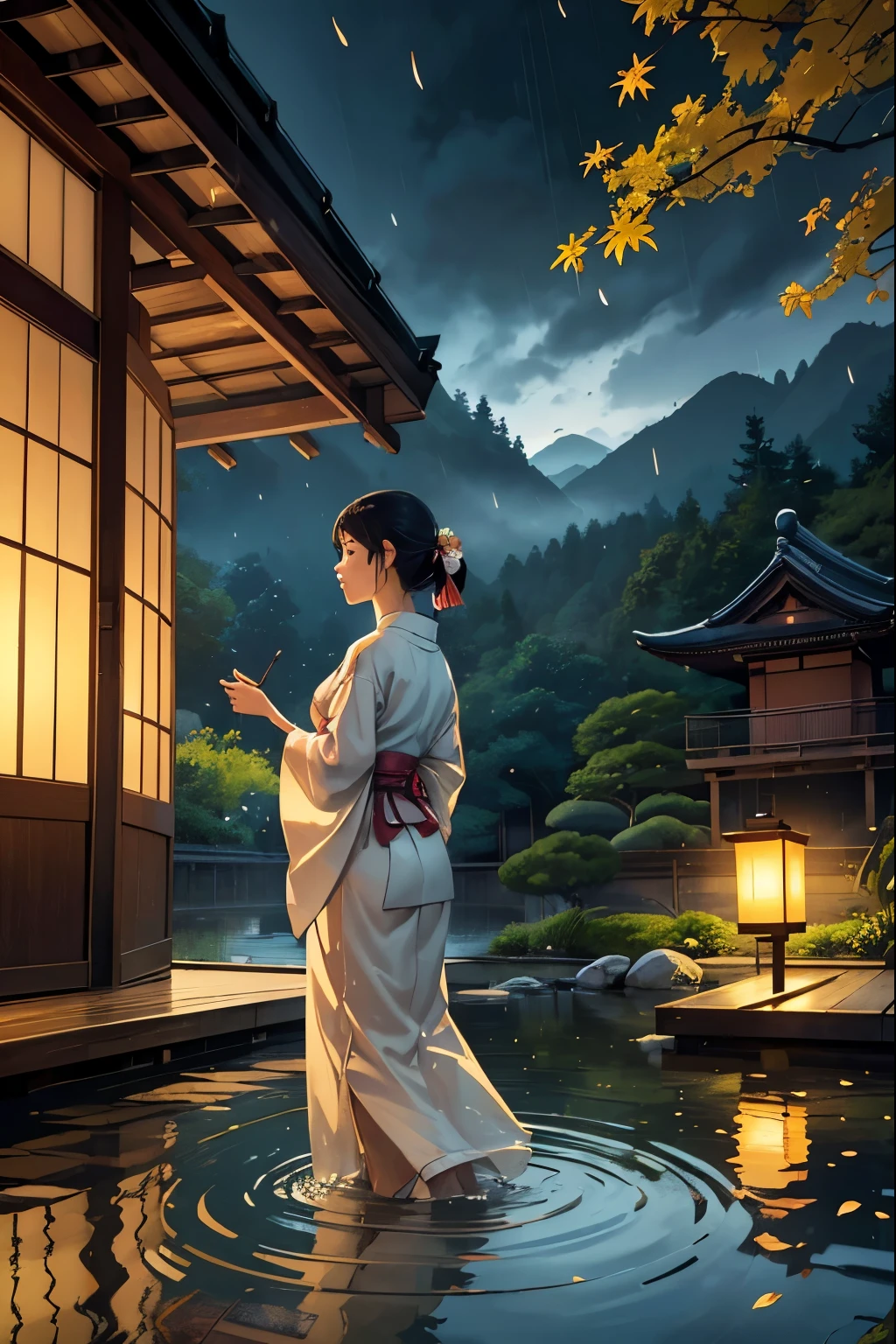 (best quality,4k,8k,highres,masterpiece:1.2),ultra-detailed,(realistic,photorealistic,photo-realistic:1.37),girl strolling in kimono,rural Japan,greenery,rainy day,old architecture,peaceful,serene,beautiful,traditional wooden houses,raindrops falling,reflection of lanterns in puddles,tranquil atmosphere,soft misty rain,subtle shades of green,autumn foliage,sliding doors with delicate patterns,floating paper lanterns,still pond with lotus flowers,temple in the distance,architecture with intricate carvings,misty mountains in the background,peaceful feeling of solitude,gentle rustling of leaves,fragrance of wet earth,sound of raindrops on rooftops,colorful maple trees,peaceful harmony with nature,lush bamboo forest,tranquility and serenity,dreamlike scenery,subtle elegance of a traditional Japanese garden,whispering whispers of the wind,ethereal charm of rural life,faint sound of the koto,traditional tea house with tatami mats,delicate cherry blossoms,tranquil sounds of a koi pond,authentic beauty of Japanese culture.