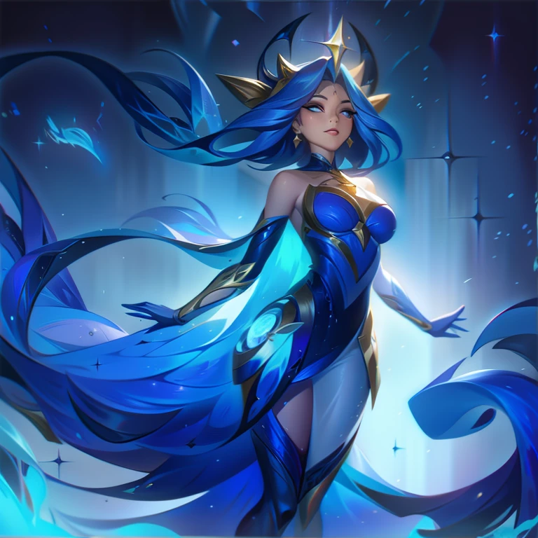 a close up of a woman in a blue dress standing on a large iceberg, concept art inspired by Shen Zhou, trending on cg society, conceptual art, official splash art, iconic character splash art, league of legends splash art, irelia, splash art, queen of the sea mu yanling, league of legends splashart, samira from league of legends