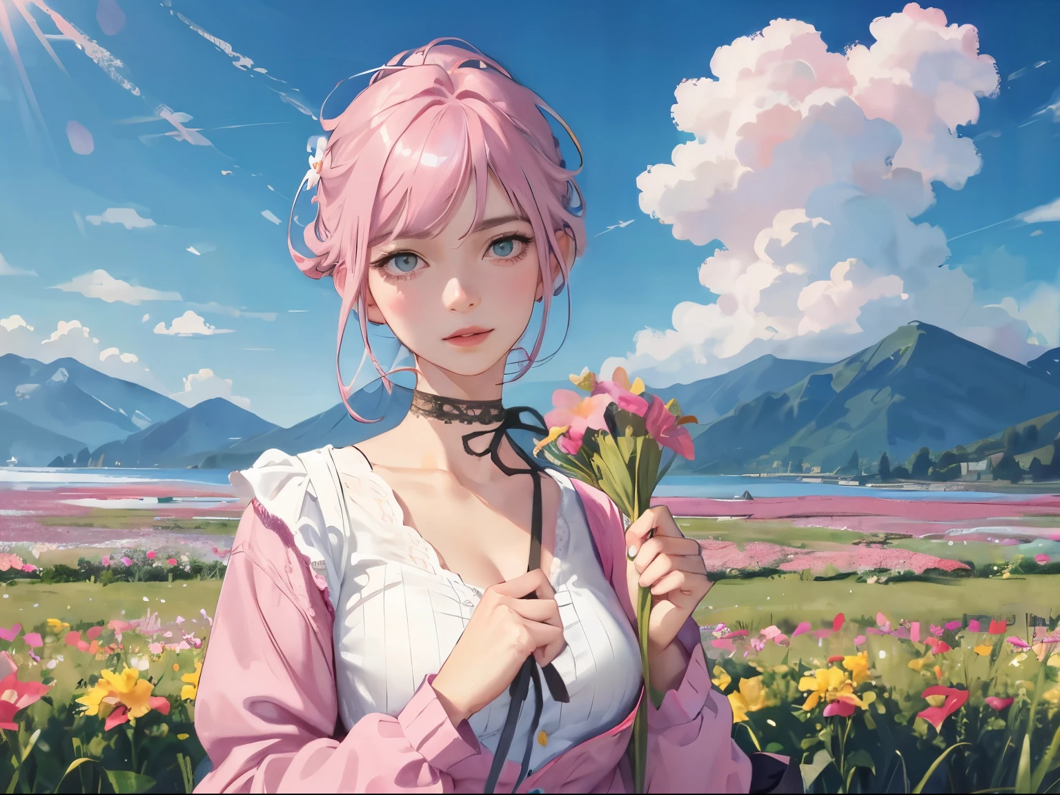 (realistic,painting_style,)mature, 1girl, solo, amelia watson, virtual youtuber,pink hair, blue eyes, choker, flower, short hair, realistic eyes, head tilt, smug, looking_at_viewer, sky, mountain, outdoors, cloud, bangs, upper body, pink flower, collarbone, orange shirt, parted lips, lips, lace trim, smile, black choker, mountainous horizon, cloudy sky, standing, holding_flowers