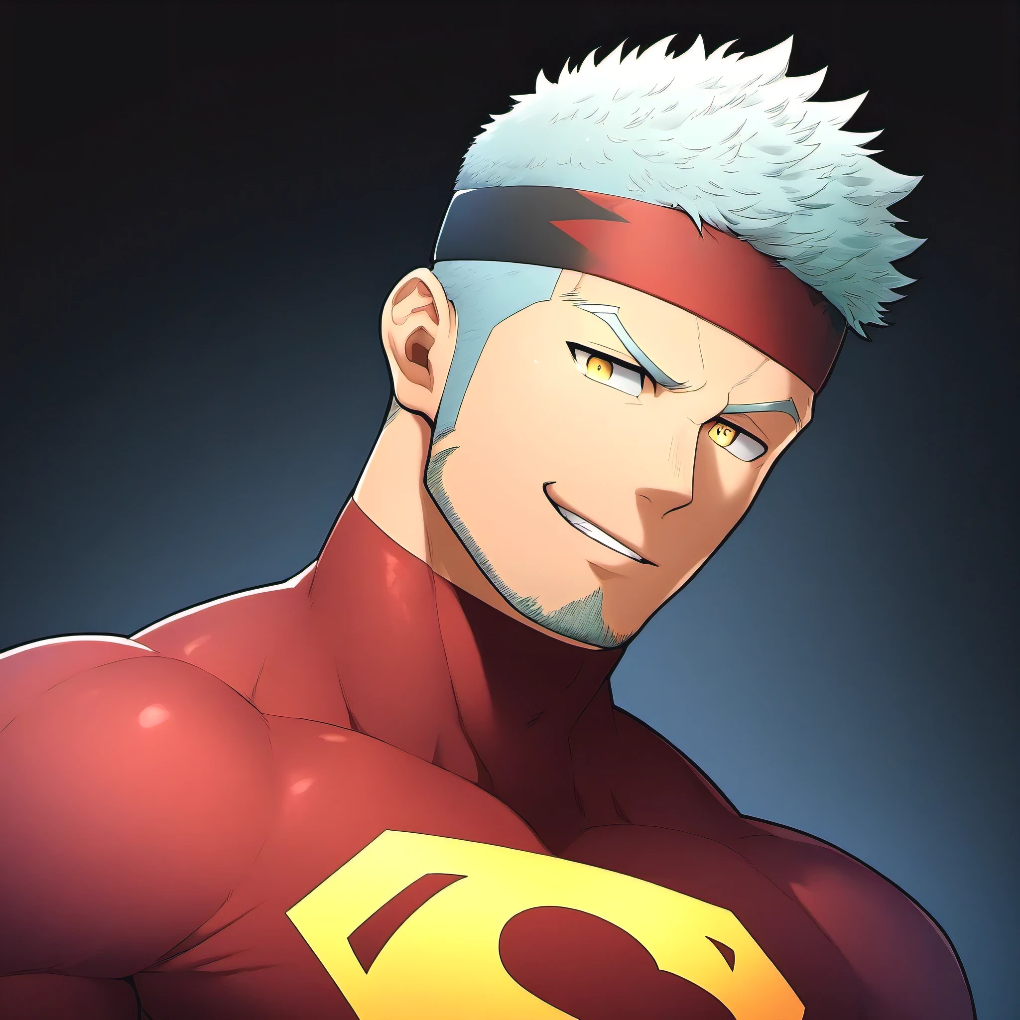 anime characters：Guy, priapus, 1 young muscular man, male focus, Sporty black headband, Burgundy Turtle Neck Skinny Superman T-Shirt, Shiny snakeskin textured T-shirt, Shining highlights, superman logo, muscular male, muscular, only, Upper body, alone, white short hair, stubble, yellow eyes, blink, black background, Simple background, amazing quality, best aesthetics, ridiculous, bright pupils, short hair, naughty face, torogao, open lips, best quality