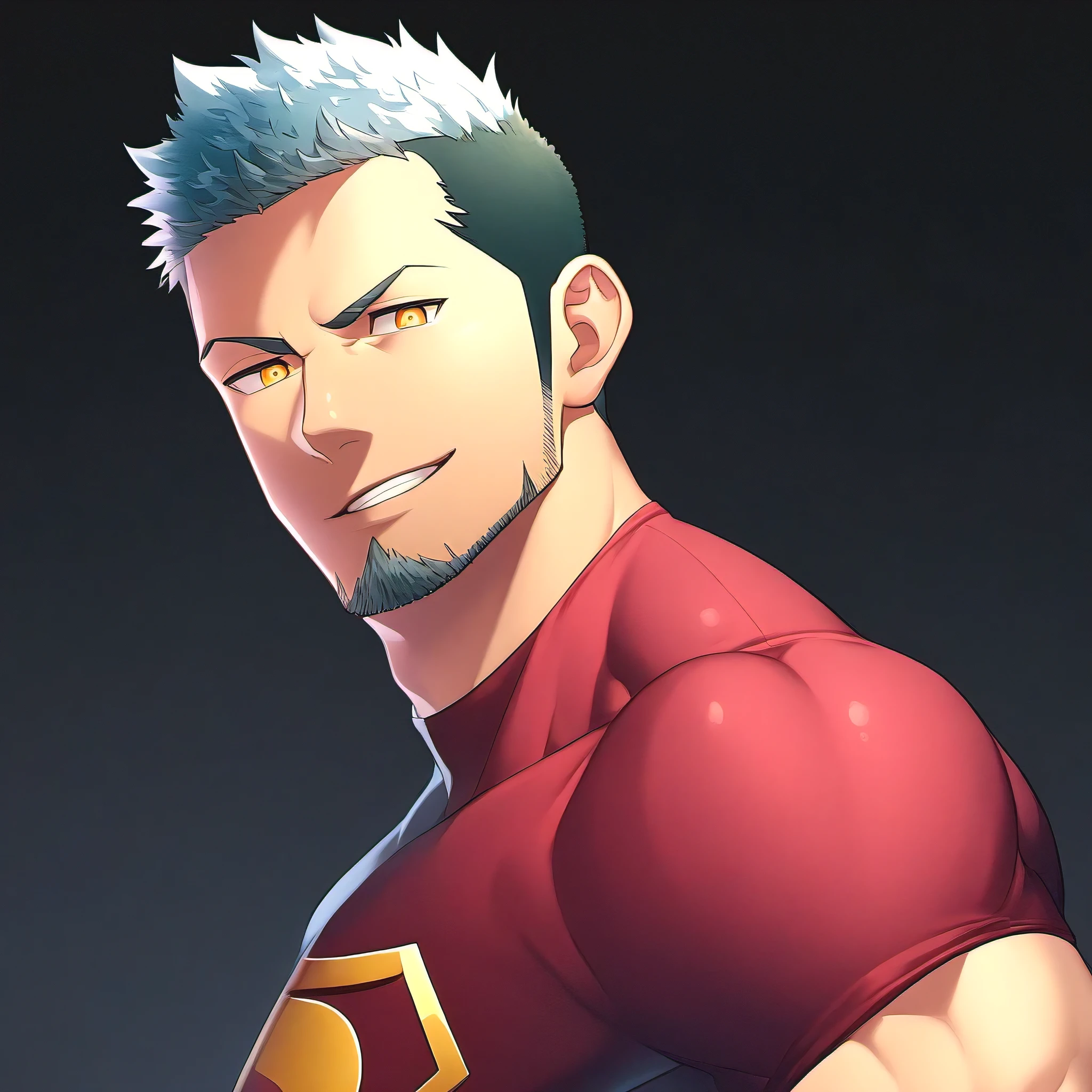 anime characters:Guy, priapus, ung muscular man, male focus, Sporty black headband, Burgundy Turtle Neck Skinny Superman T-Shirt, Shiny snakeskin textured T-shirt, Shining highlights, superman logo, muscular male, muscular, only, Upper body, alone, white short hair, stubble, yellow eyes, blink, black background, Simple background, amazing quality, best aesthetics, ridiculous, bright pupils, short hair, naughty face, torogao, open lips, best quality