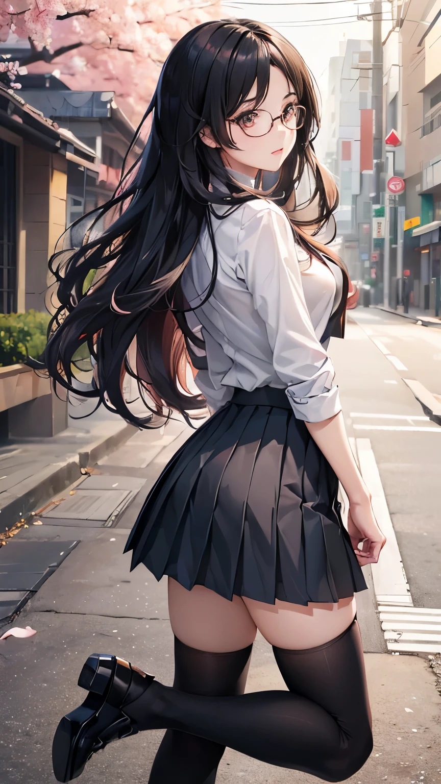 ((best quality:1.5)), ((masterpiece)), (detailed:1.0), (High contrast natural side daylight:0.8, Dynamic lighting:0.5, movie lighting:1.0), anime girl, (((whole body))), Cute Japanese girl, (((Turn your back to the lens, Look back))), perfect body structure:1.0, attractive body shape, Smooth and fair skin, (((Extra long black wavy hair))), Long hair blowing in the wind, ((Super fine hair quality:1.5)), ((Shocking hair quality:1.5)), ((perfect hair quality:1.0)), Long and sexy legs:1.2, (((perfect feet品質:1.0))), (((Perfect hand quality:1.0))), Looks cute, long eye hair, thin eyebrows, big eyes, dark brown pupils, Slightly blush, Smile, (Exquisite rimless glasses:1.0), 
((symmetrical clothes, Uniforms:1.0, white collar shirt, Black pleated student skirt，dark stockings, Dark student shoes)), Perfect clothing texture, perfect feet:1.0, (Beautiful scenery), (Breeze outdoors), Quiet Japanese city street, spring morning, ((Cherry blossoms)), whole body影像, ((Perfect composition)), highlight the subject, (((Eye level photography:1.0))), (Careful depiction of environmental details:1.5), Depth of field control, ((Turn down color saturation:1.2)), (Japanese style photos:0.3),