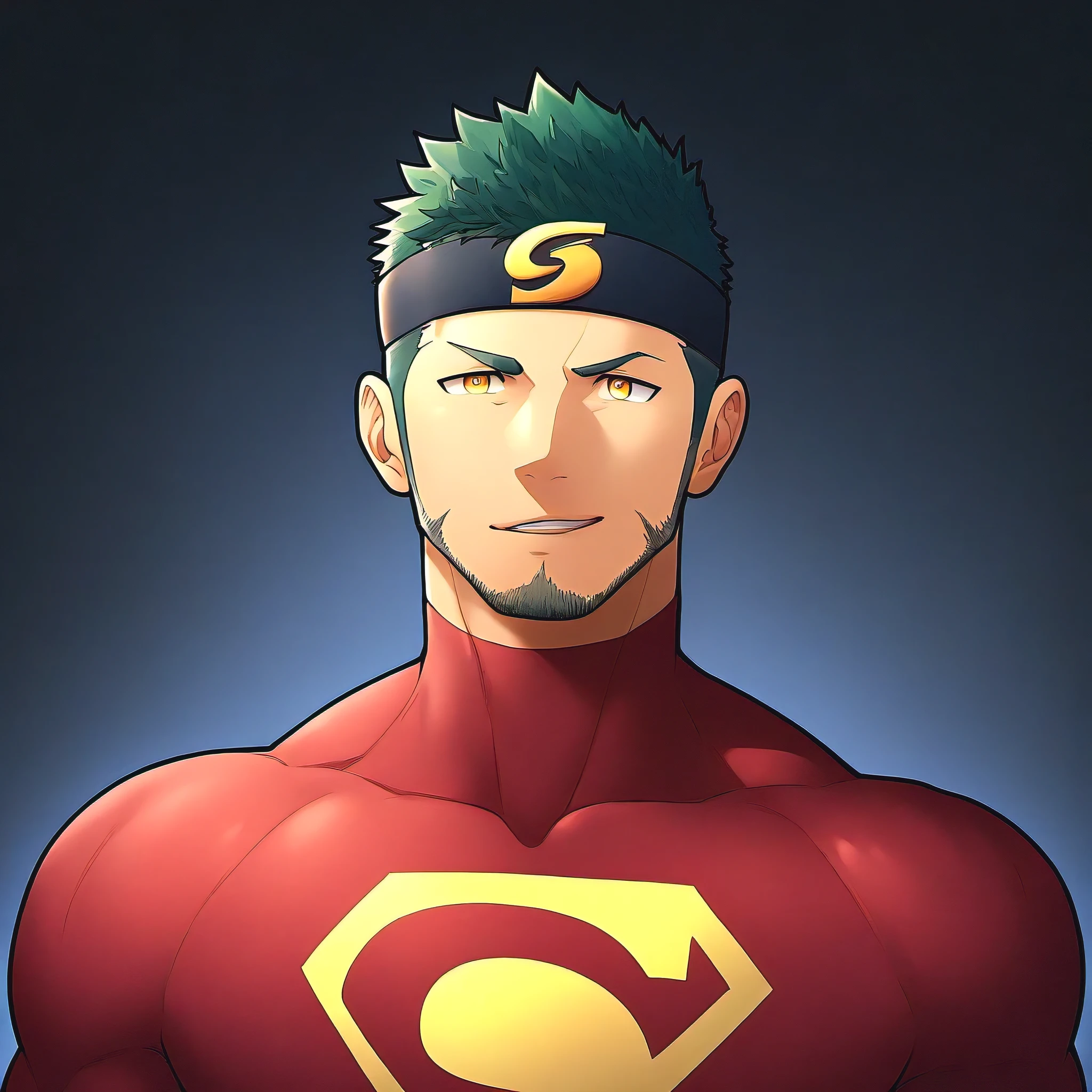 anime characters:Guy, priapus, 1 young muscular man, male focus, Sporty black headband, Burgundy Turtle Neck Skinny Superman T-Shirt, Shiny snakeskin textured T-shirt, Shining highlights, superman logo, muscular male, muscular, only, Upper body, alone, white short hair, stubble, yellow eyes, blink, black background, Simple background, amazing quality, best aesthetics, ridiculous, bright pupils, short hair, naughty face, torogao, open lips, best quality