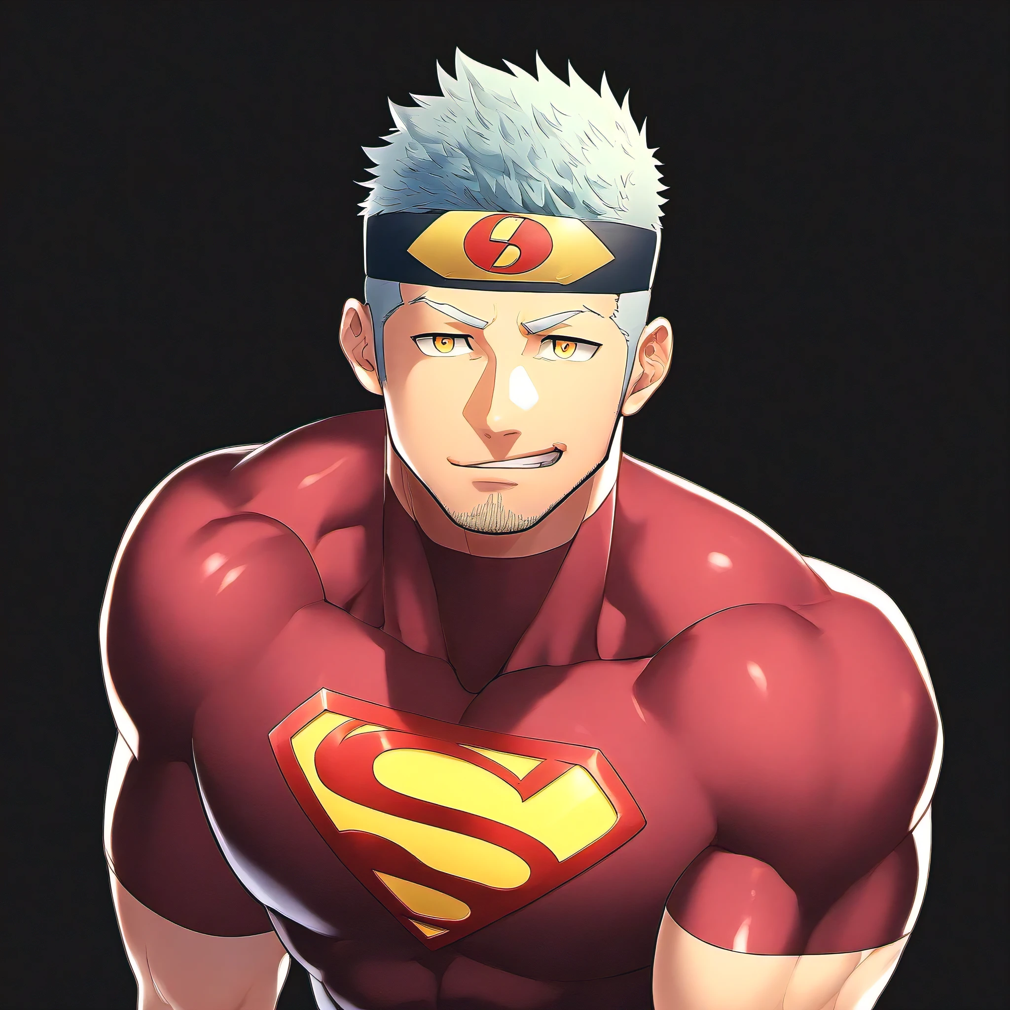 anime characters:Guy, priapus, 1 young muscular man, male focus, Sporty black headband, Burgundy Turtle Neck Skinny Superman T-Shirt, Shiny snakeskin textured T-shirt, Shining highlights, superman logo, muscular male, muscular, only, Upper body, alone, white short hair, stubble, yellow eyes, blink, black background, Simple background, amazing quality, best aesthetics, ridiculous, bright pupils, short hair, naughty face, torogao, open lips, best quality
